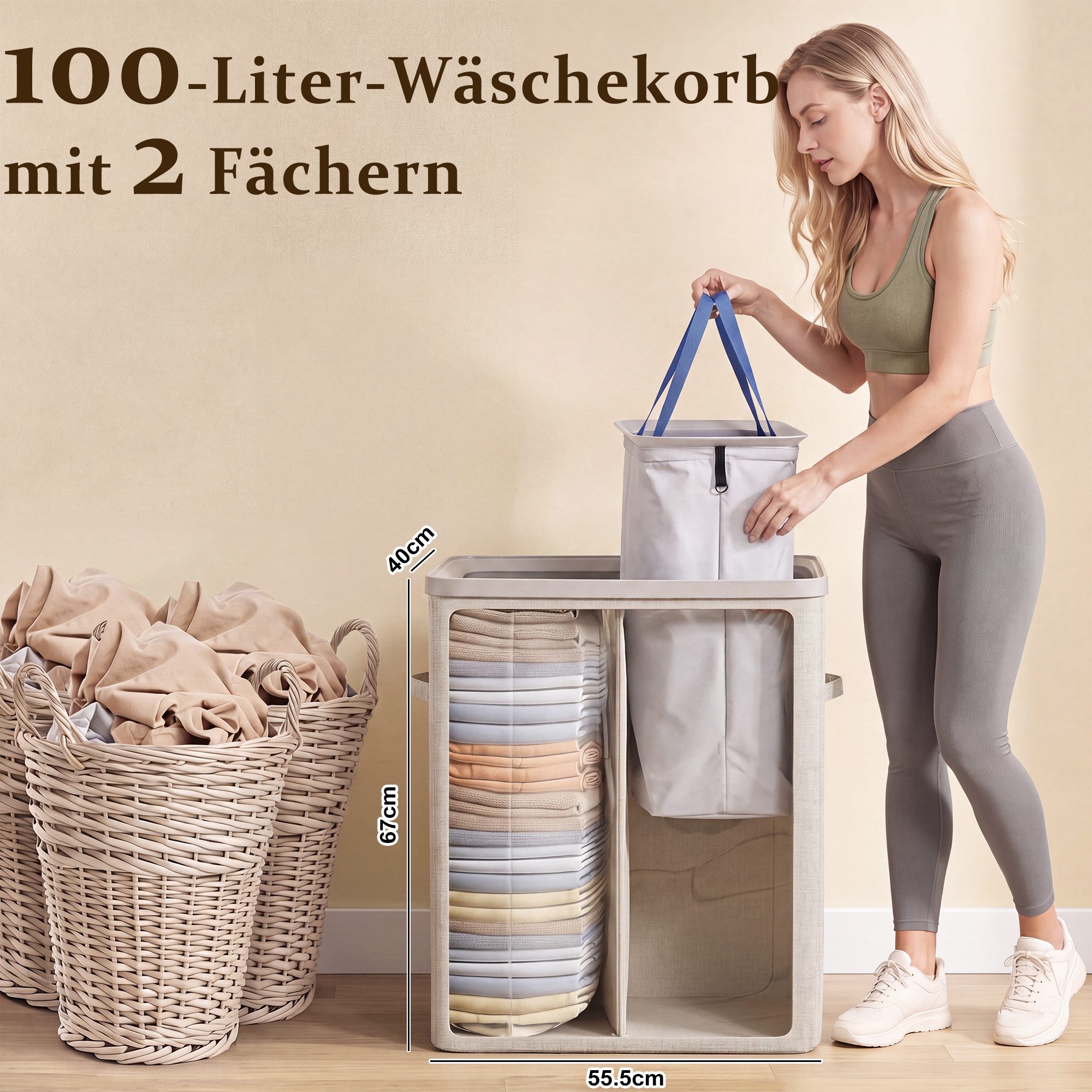 Hausright Wäschekorb 100L mit Deckel, 2 Fächer, herausnehmbare Wäschesäcke, faltbar, 56 × 40 × 67 cm, Farbtrennung, Tragegriffe, einfache Montage