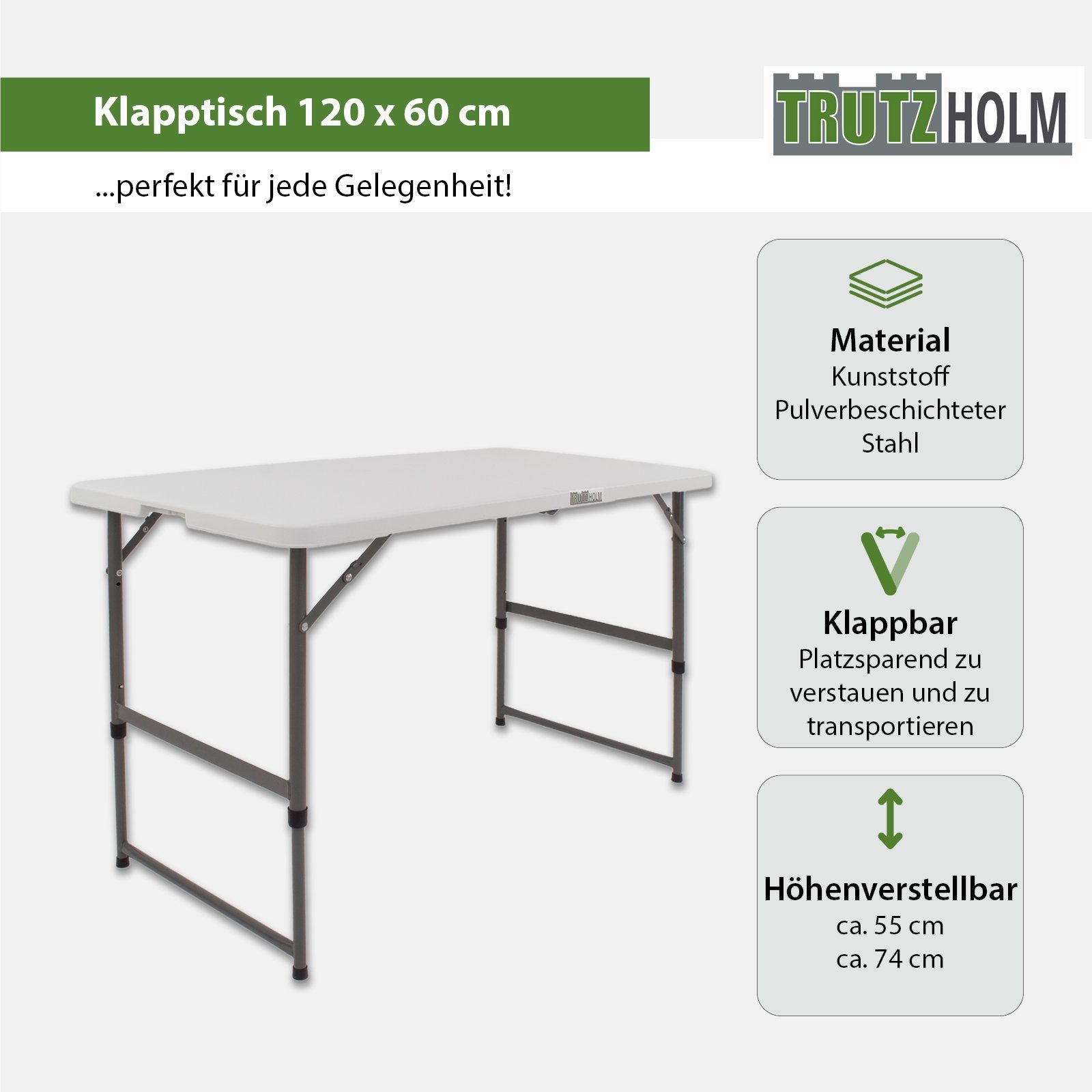 TRUTZHOLM Klapptisch höhenverstellbar 120x60 cm Campingtisch Partytisch Beistelltisch (1er), Tischplatte aus pflegeleichtem Kunststoff