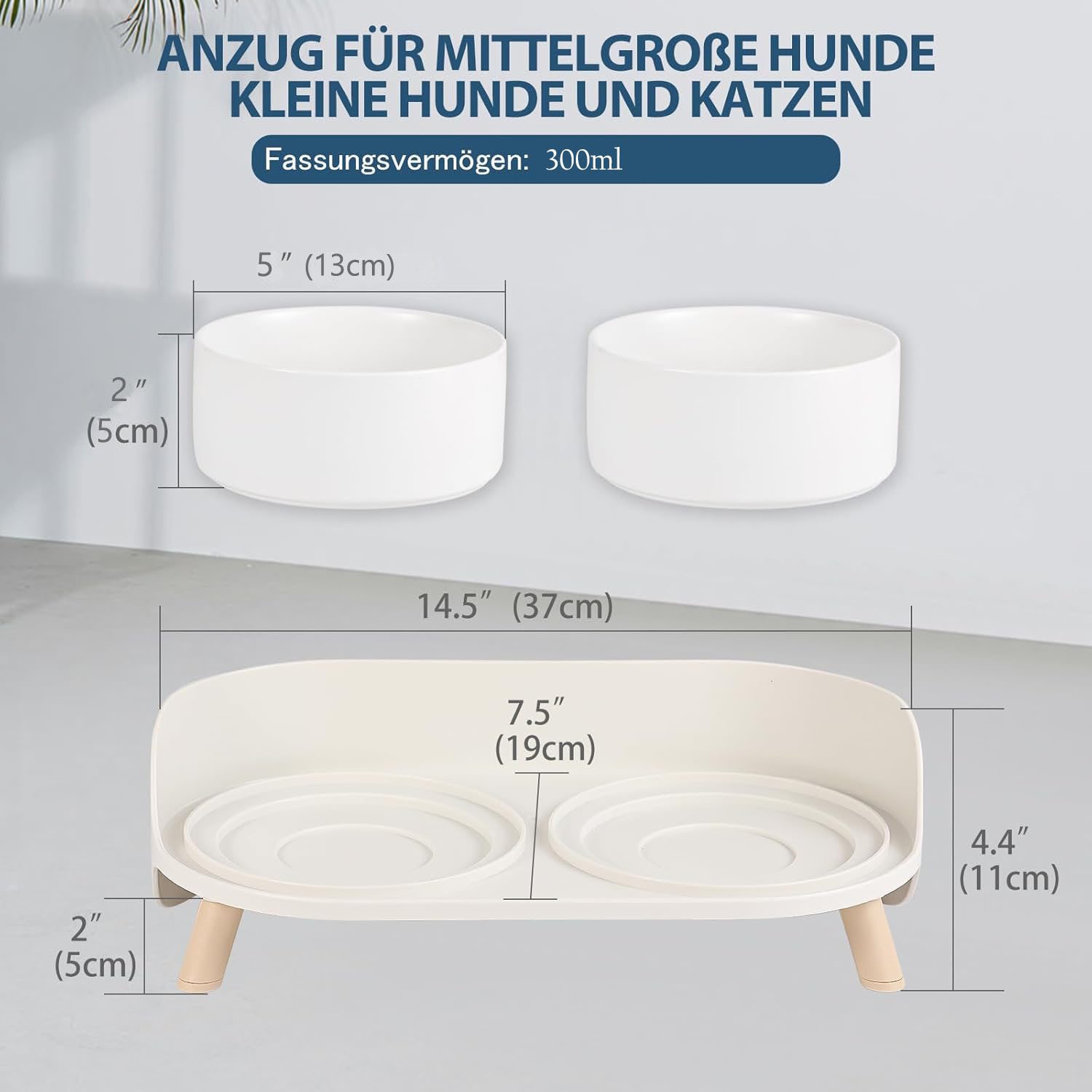 SURFOU Futternapf Hundenapf Katzennapf Fressnapf 300mlx2 Doppel Napf mit Ständer, Keramik Futter Wasser Napfset für Hunde und Katze bis Mittlere