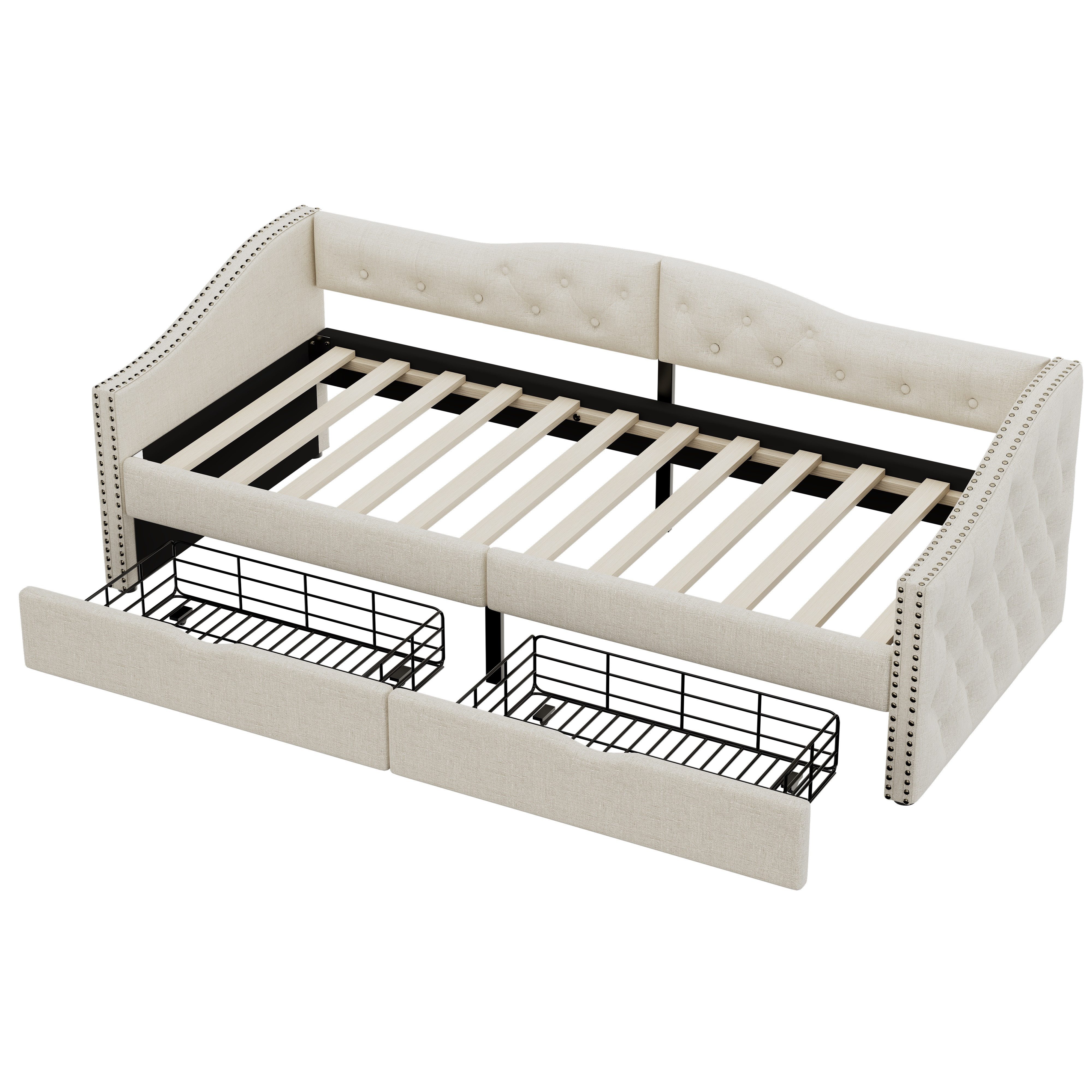 Einzelbett Tagesbett 90×200cm - Mit LED, Ladestation & 2 Schubladen, Grau Polsterbett