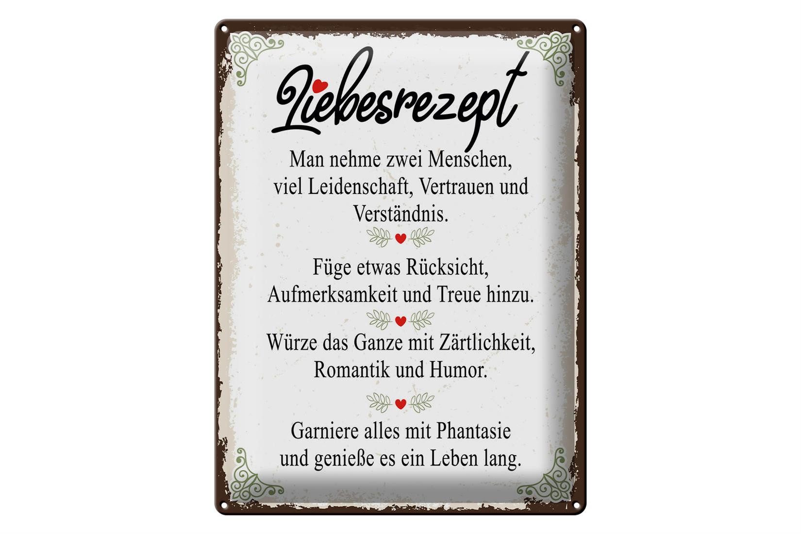 Metallschild Spruch Liebesrezept man nehme 2 Menschen 30x40cm