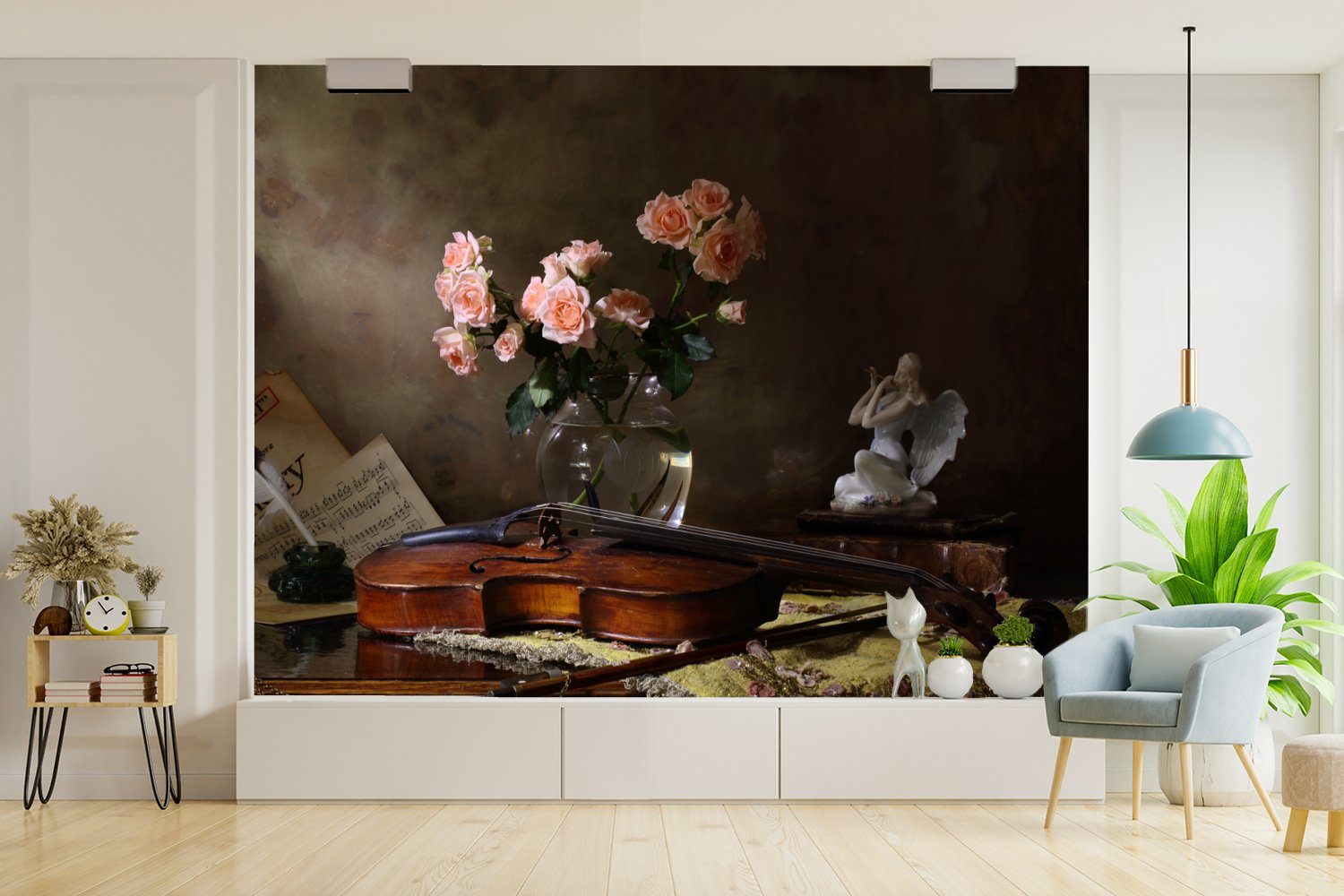 Rosa Wandtapete Matt, (5 Montagefertig - MuchoWow - Rosen St), - Vinyl Tapete für Blumen bedruckt, Violine Fototapete Wohnzimmer, - Stilleben,