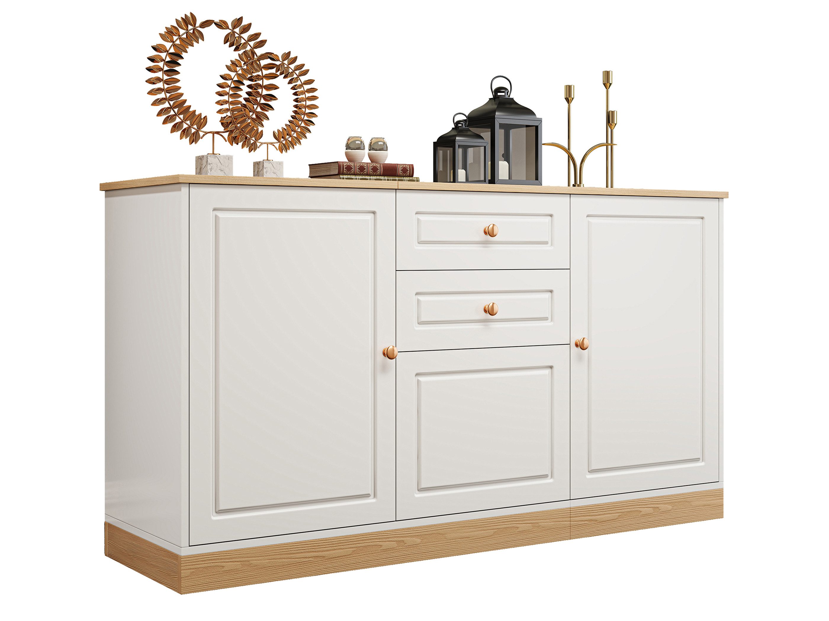 SeedWave Sideboard Vielseitige Kommode mit 135,5cm Tischplatte, 2 Schubladen & 3 Türen, verstellbare Fächer, vergoldete Griffe, Kippschutz-Set