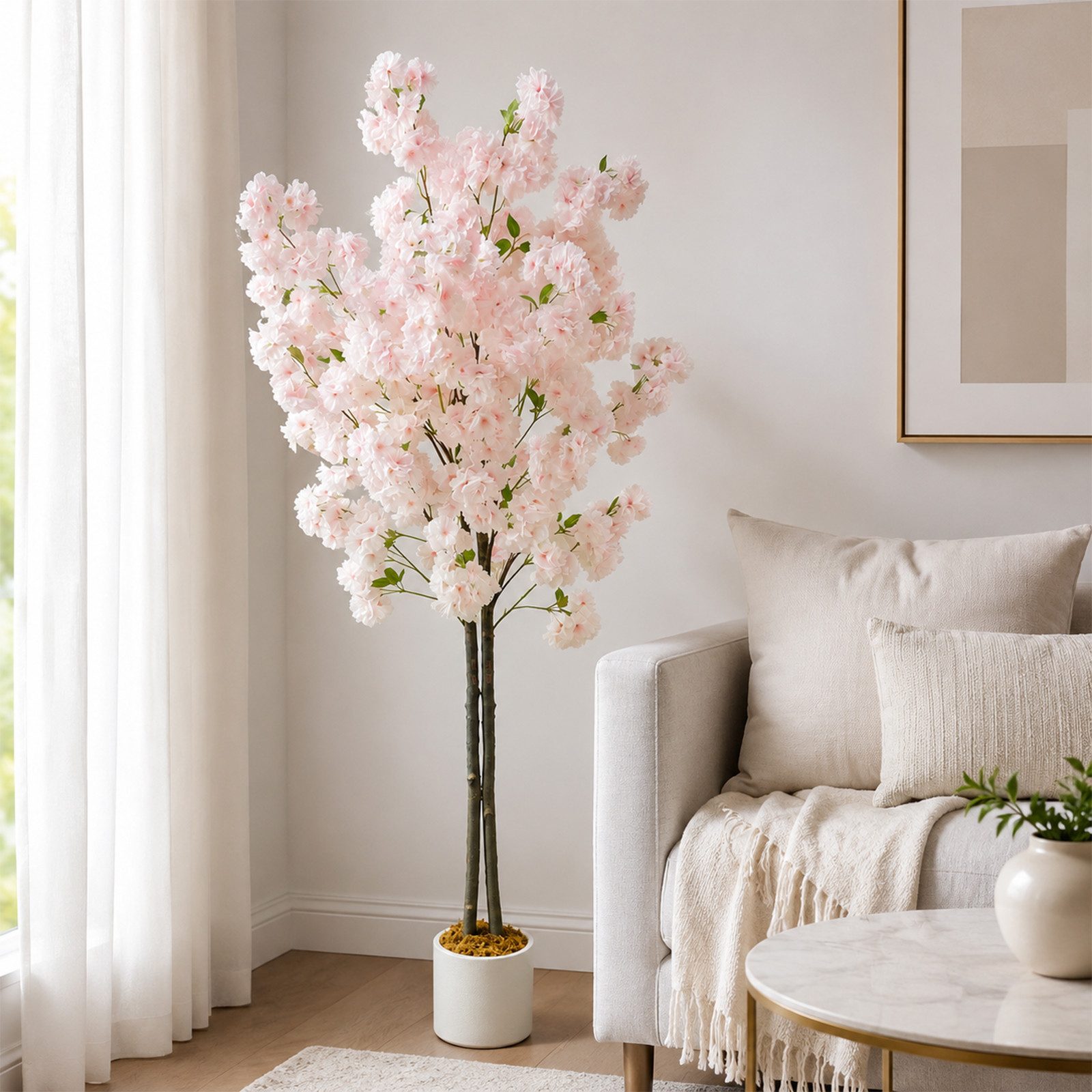 Kunstbaum Rosa Künstlicher Kirschblütenbaum Doppelstamm Pflanze Im Topf, GarveeMore, Höhe 150 cm
