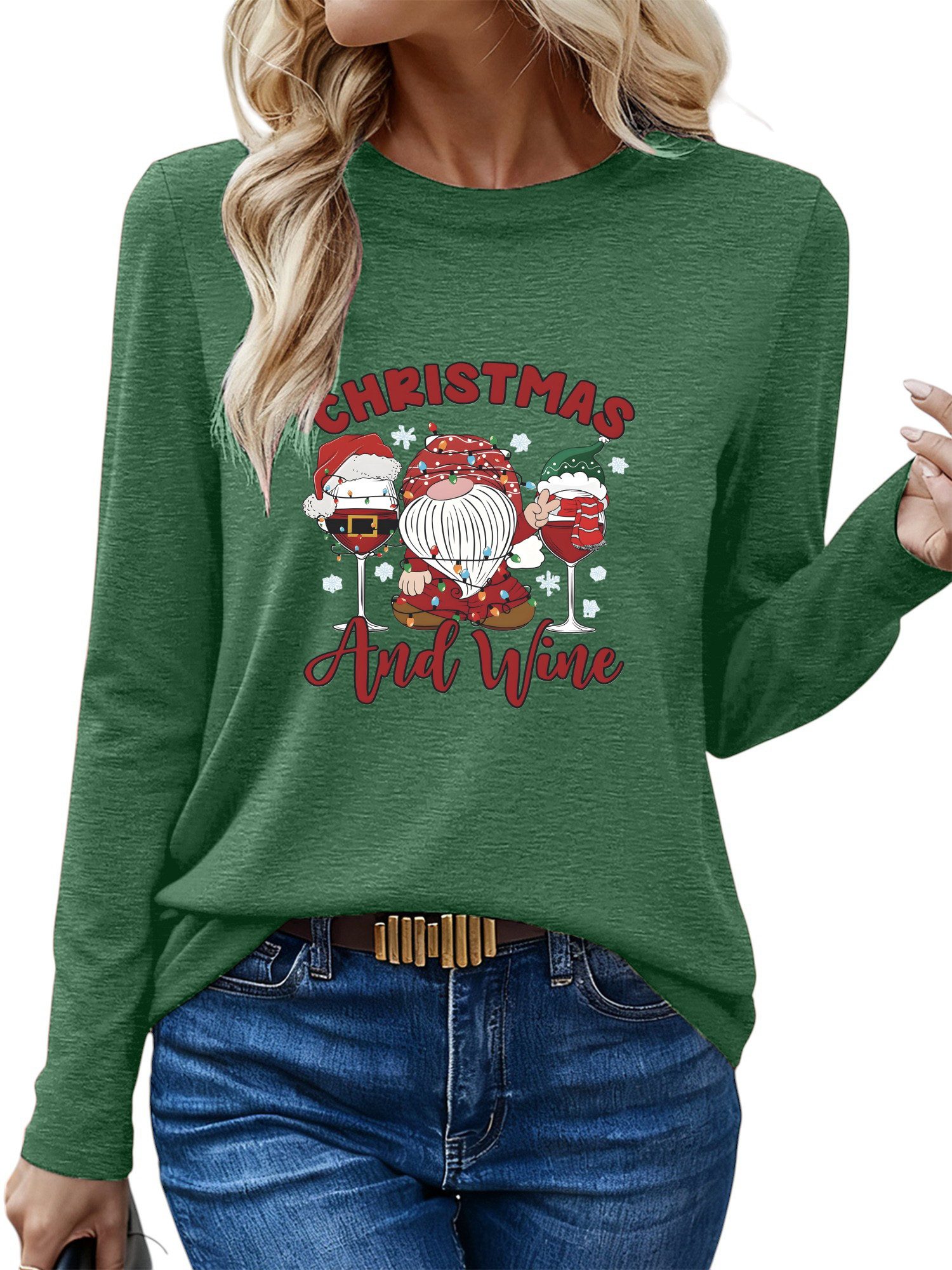 Print-Shirt Festlich Shirt Damen Langarm Herbst Basic-Shirt mit Weihnachten Print