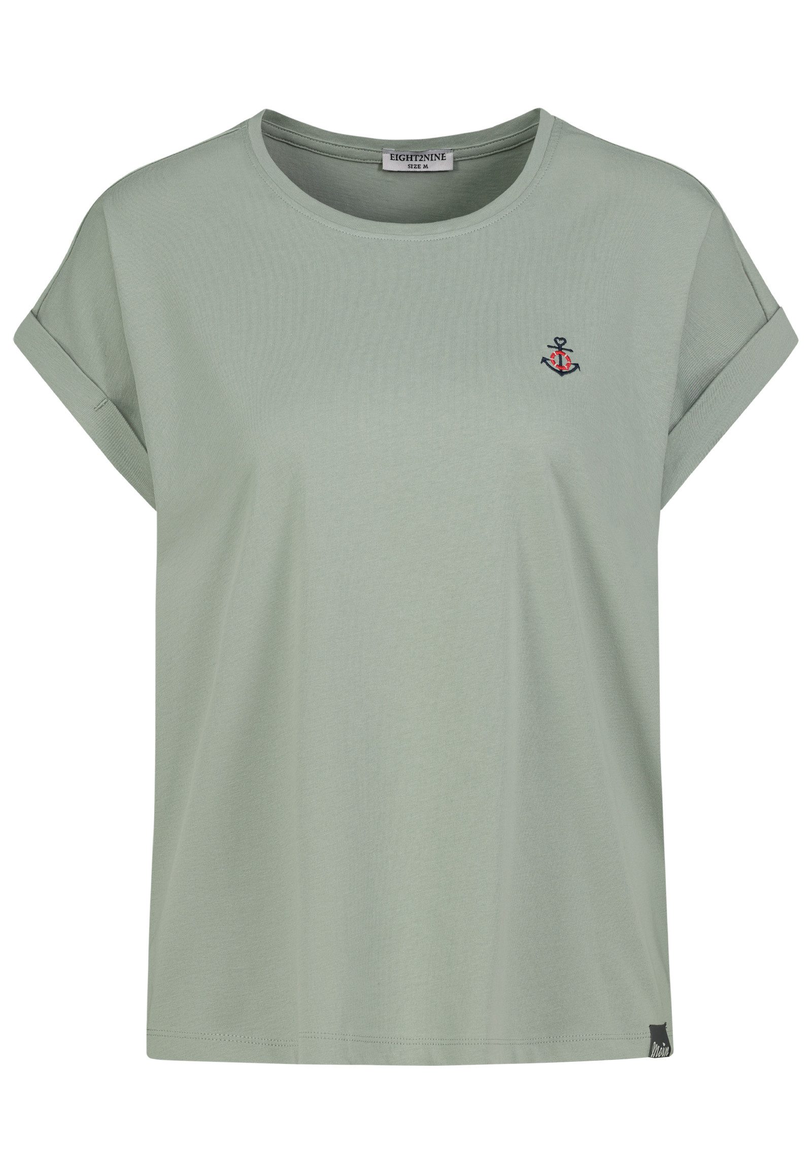 Eight2Nine T-Shirt Damen T-Shirt mit maritimer Stickerei Ärmel mit Aufschlag, Stickmotive: Muschel, Schiff, Hummer, Anker