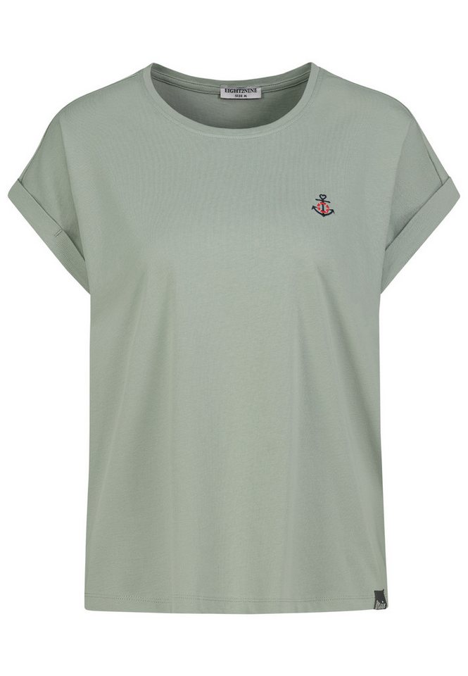 Eight2Nine T-Shirt Damen T-Shirt mit maritimer Stickerei Ärmel mit Aufschlag, Stickmotive: Muschel, Schiff, Hummer, Anker