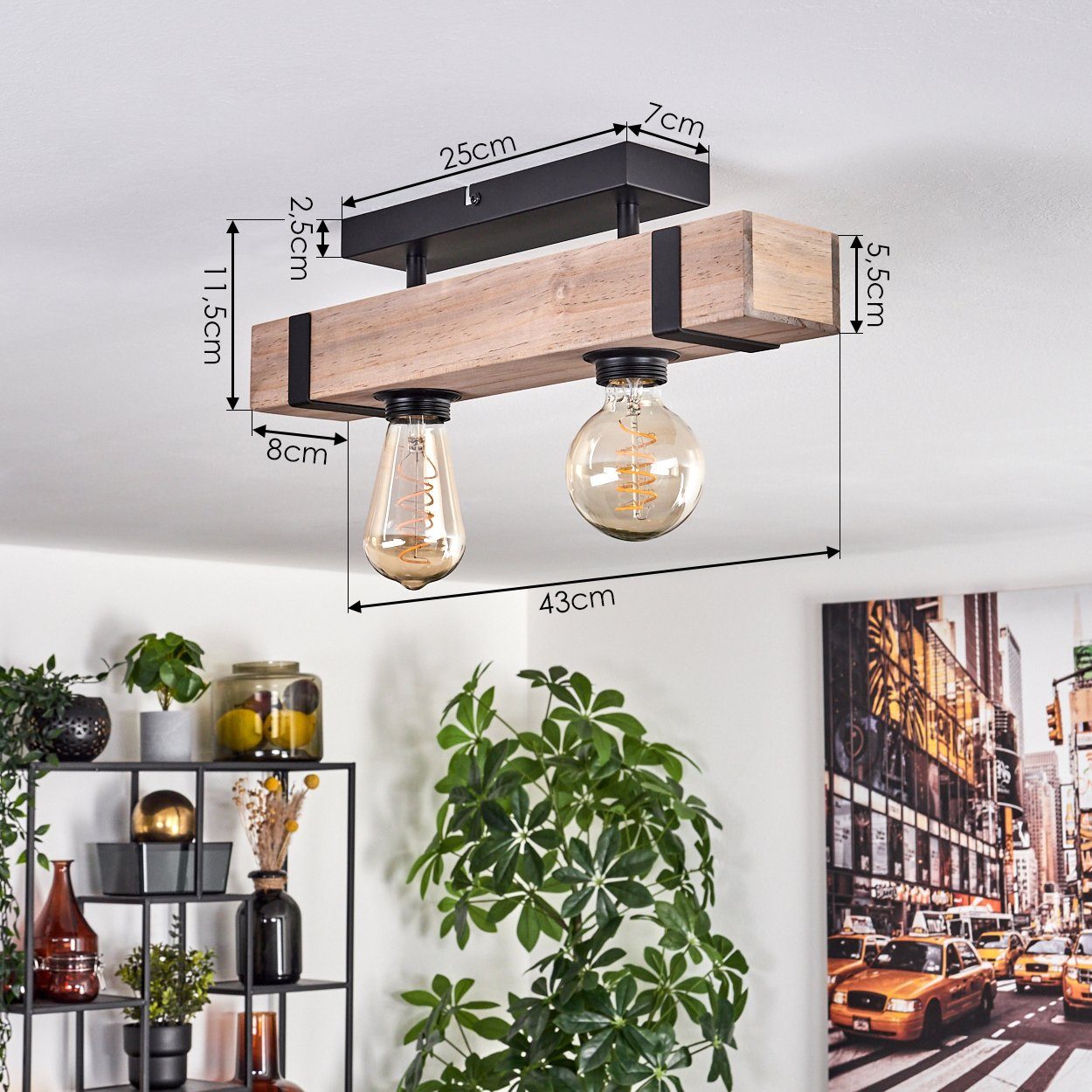 hofstein Deckenleuchte moderne Deckenlampe aus Metall/Holz in Schwarz/Natur, ohne Leuchtmittel, im industrial Design mit Holzbalken, 2 x E27, ohne Leuchtmittel – Bild 4 von 5