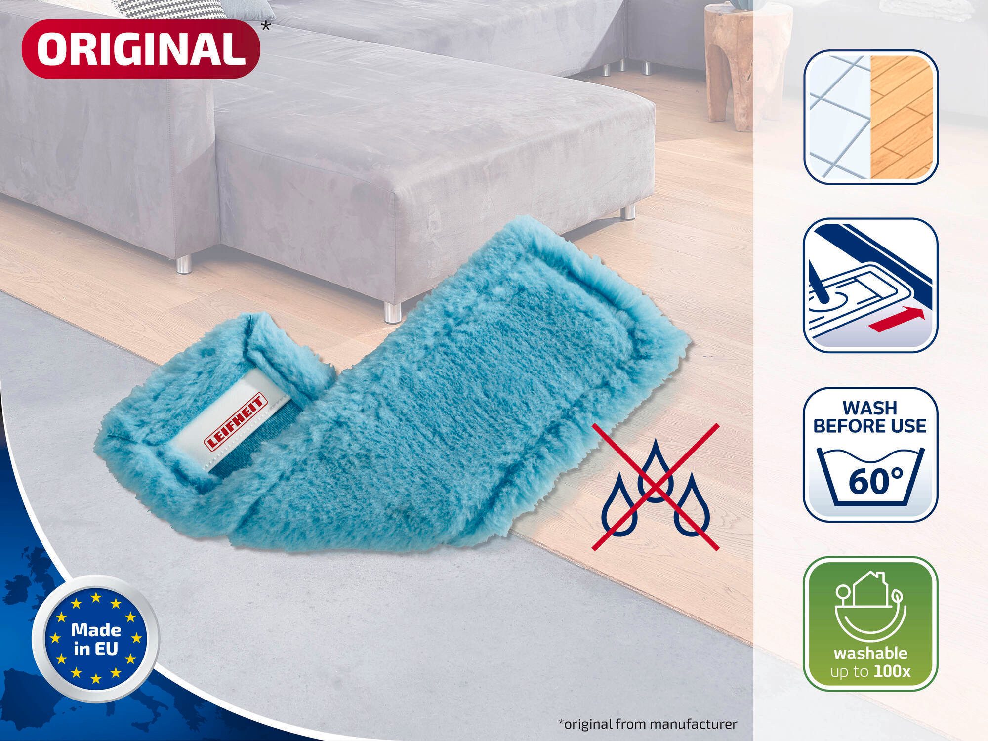 Leifheit 3er Set Wischbezug Profi XL Wischbezug (Kunstfaser,Mikrofaser, 16.0x48.0 cm, 3-tlg., Waschbare Bezüge, Wischbreite 42cm, für fast alle Böden)