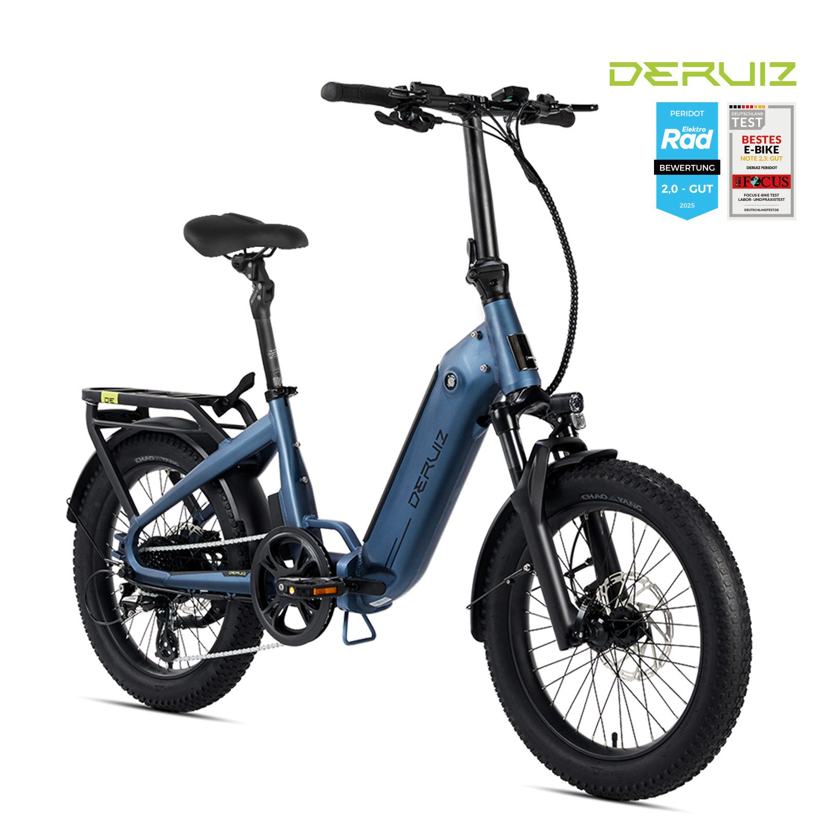 DERUIZ E-Bike Klapprad 20x3,0 Zoll, max. 140km, Federsattelstütze, mit Bluetooth, 5 Stufen, 8 Gang SHIMANO SHIMANO ALTUS 11-32T Schaltwerk, Kettenschaltung, Heckmotor, 500 Wh, (mit Akku-Ladegerät, mit Werkzeug), RH:36cm, Bremslicht, Gepäckträger (max.50kg), hydraulische Bremsen