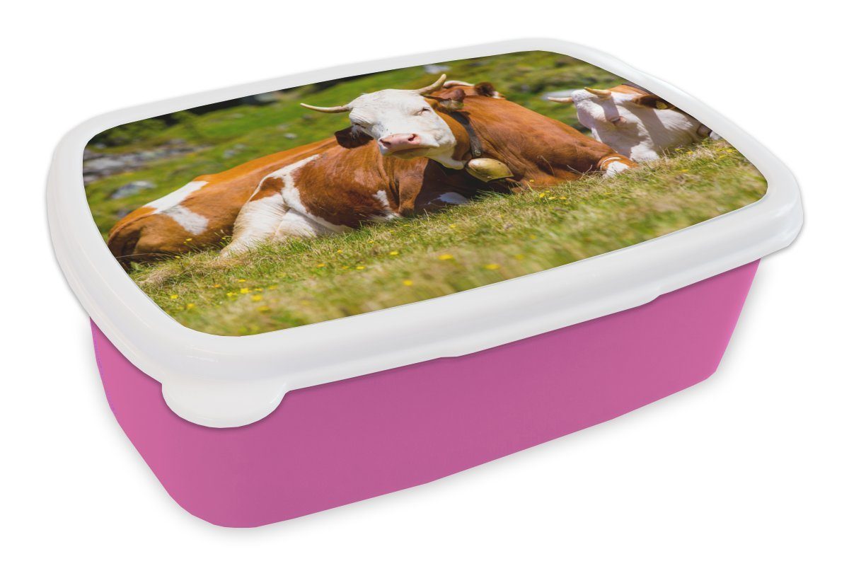 MuchoWow Lunchbox Kühe - Blumen für Brotbox (2-tlg), Brotdose rosa Kinder, Erwachsene, - Kunststoff Kunststoff, Mädchen, Alpen, Snackbox
