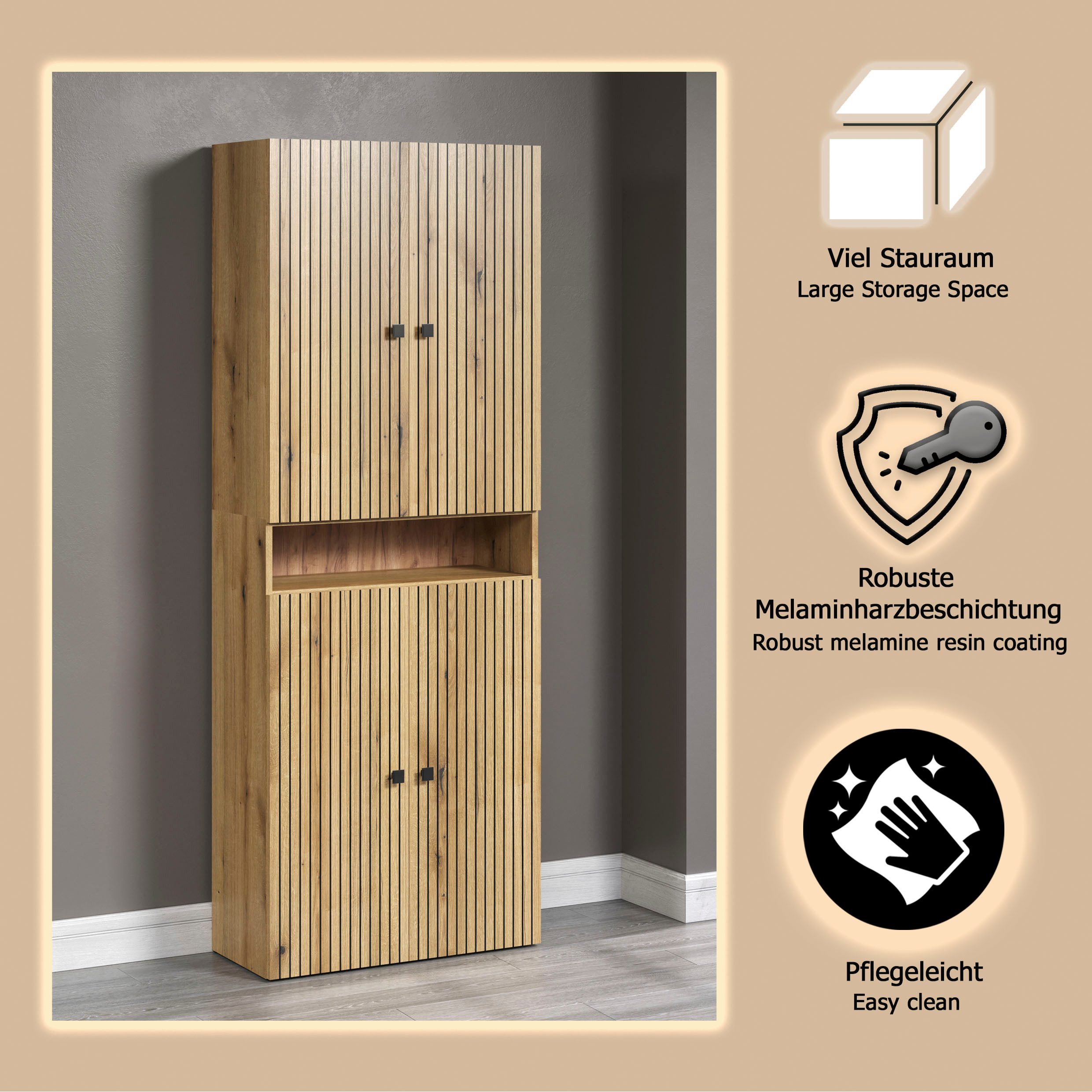 welltime Hochschrank Amrum (1-St) Badezimmerschrank mit und ohne Schublade - (B/T/H) 40-70/31/186 cm – Bild 4 von 5