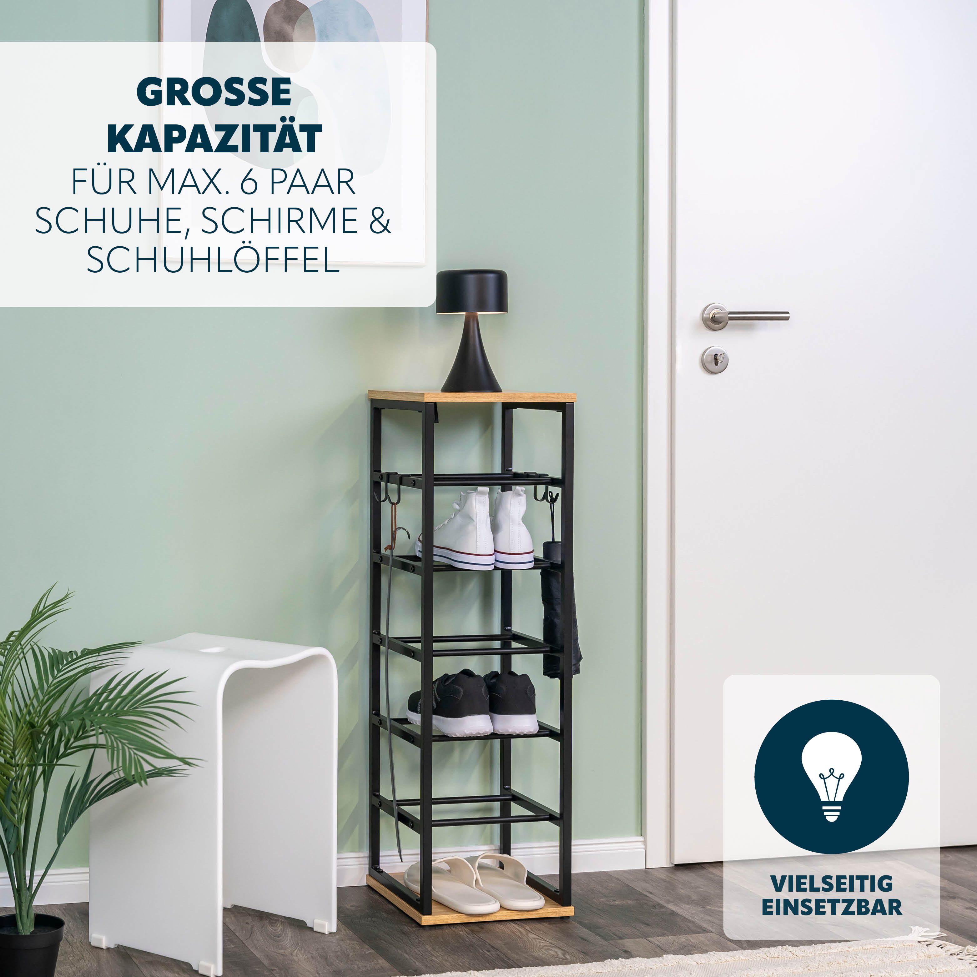 eluno Schuhregal für max. 6 Paar Schuhe, 2 Holzablagen, 4 Haken – Bild 5 von 5