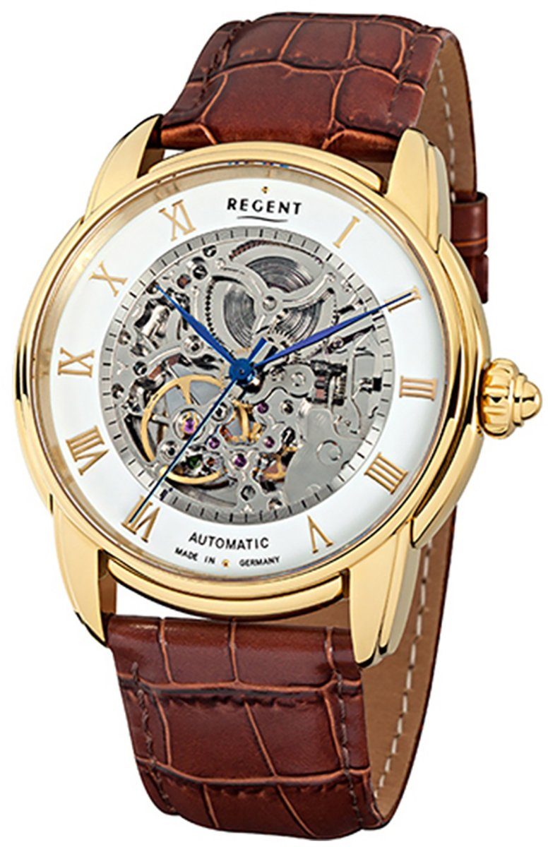 Regent Quarzuhr Regent Automatik Herren Uhr GM-1434 Leder, (Analoguhr), Herren  Armbanduhr rund, groß (ca. 42mm), Edelstahl, Elegant