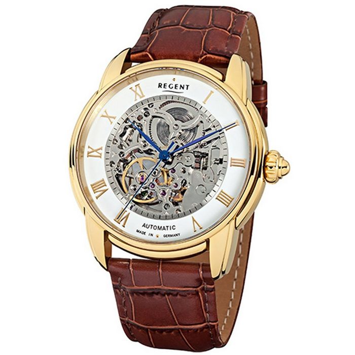 Regent Quarzuhr Regent Automatik Herren Uhr GM-1434 Leder (Armbanduhr) Herren Armbanduhr rund groß (ca. 42mm) Edelstahl Elegant