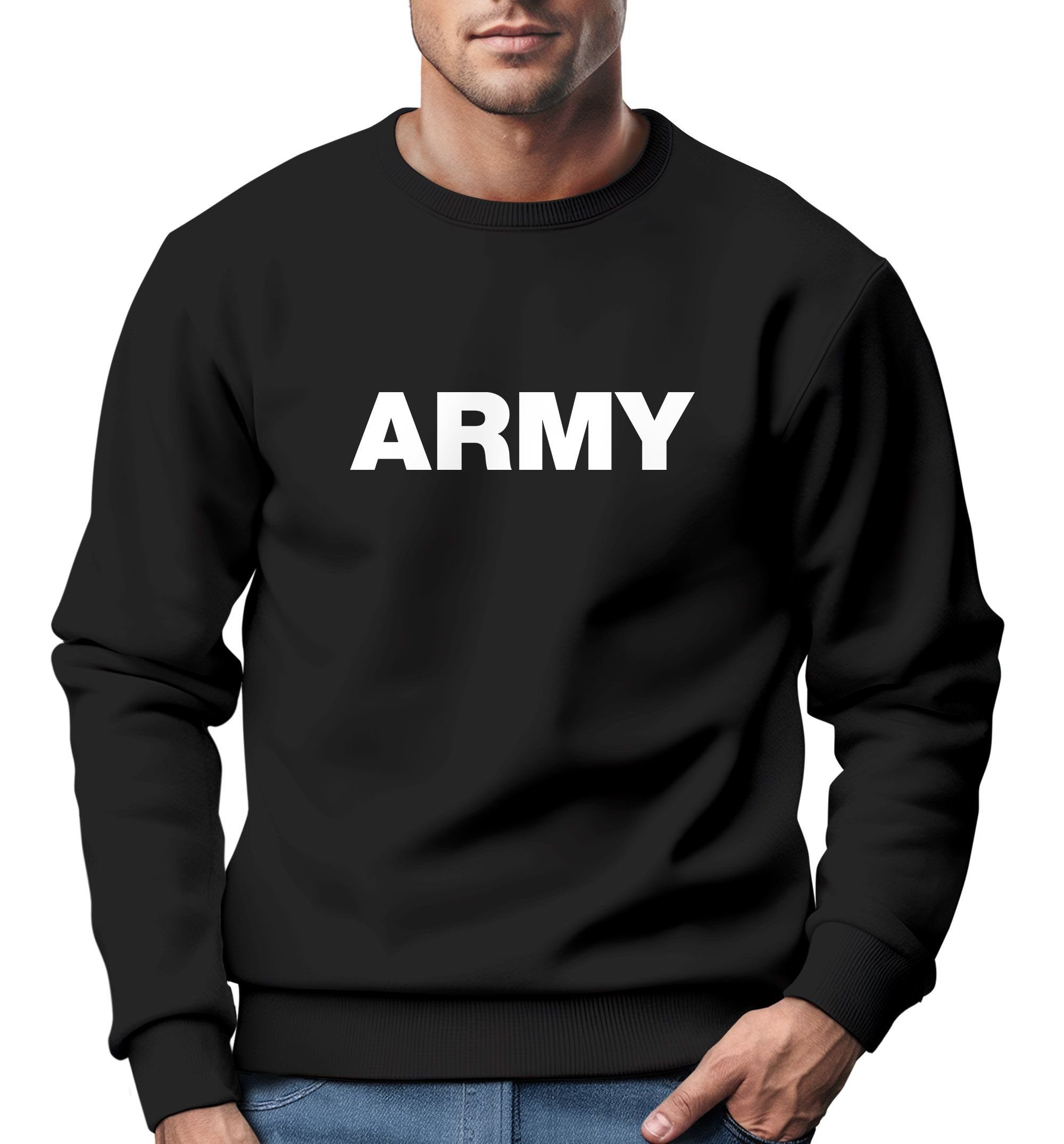 Neverless® Sweatshirt Neverless Sweatshirt Aufdruck Rundhals-Pullover Print Army Herren schwarz