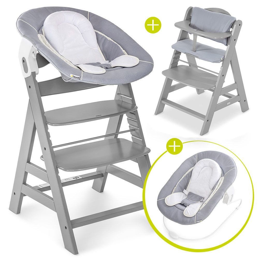 Hauck Hochstuhl Alpha Plus Grey Newborn Set (Set, 4 St), Holz Babystuhl ab Geburt inkl. Aufsatz für Neugeborene & Sitzauflage