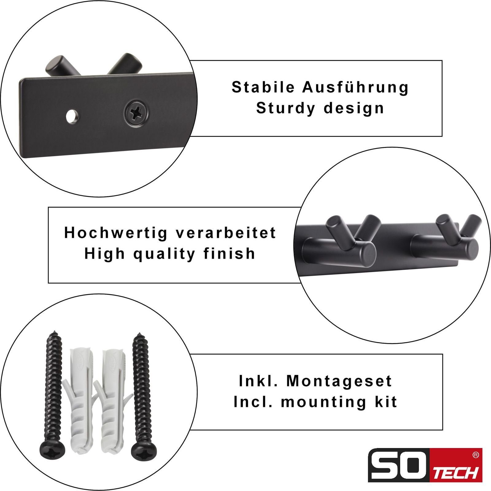 SO-TECH® Garderobenleiste Hakenleiste Blackline CORA V schwarz pulverbeschichtet (1 St), Breite 257 mm mit 3 Haken, inkl. Befestigungsset