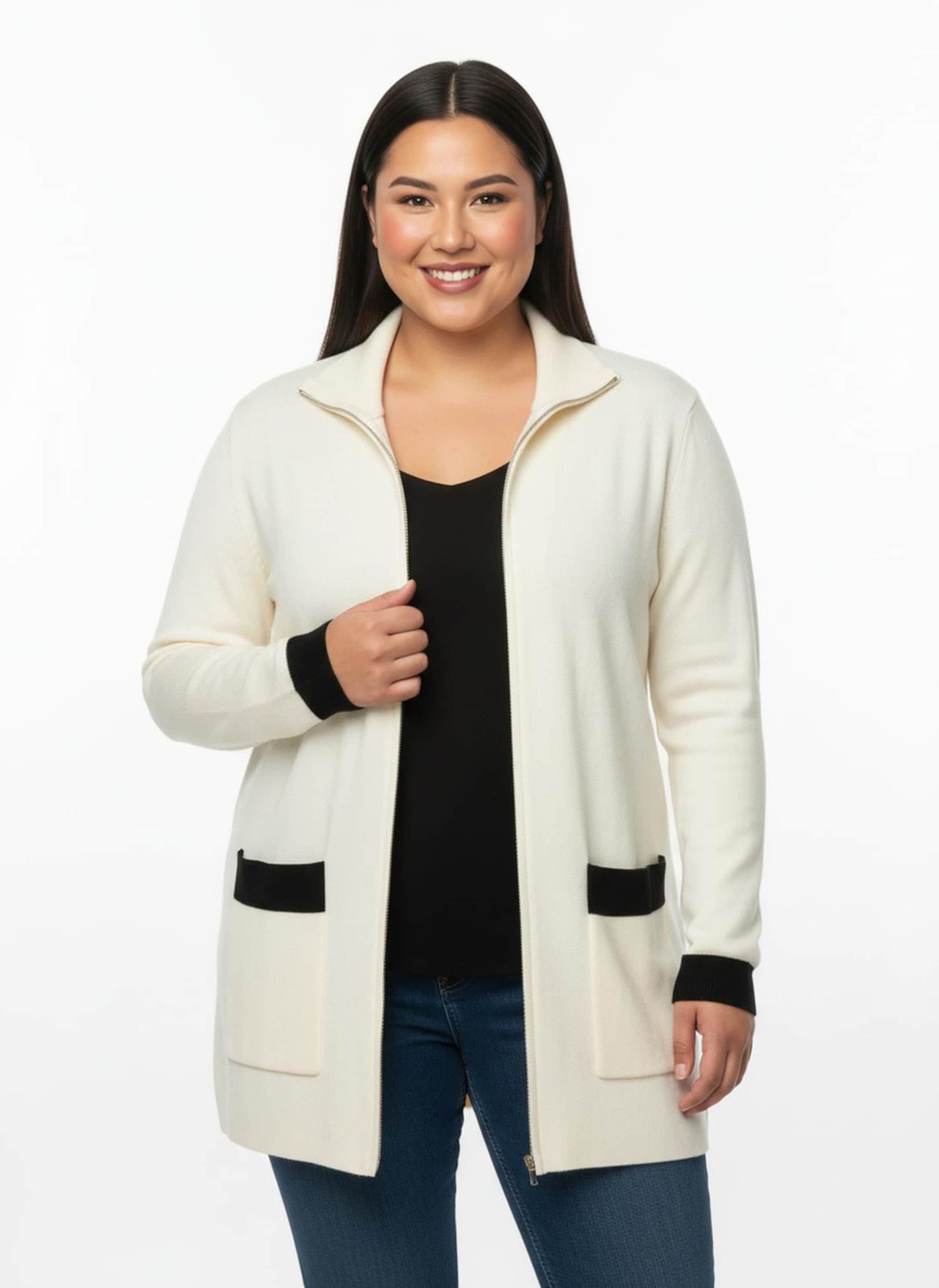 Sieh an! Strickjacke Long-Strickjacke Langarm Sonstiger Warencharakter mit verdecktem Zipper und Kontrastdetails