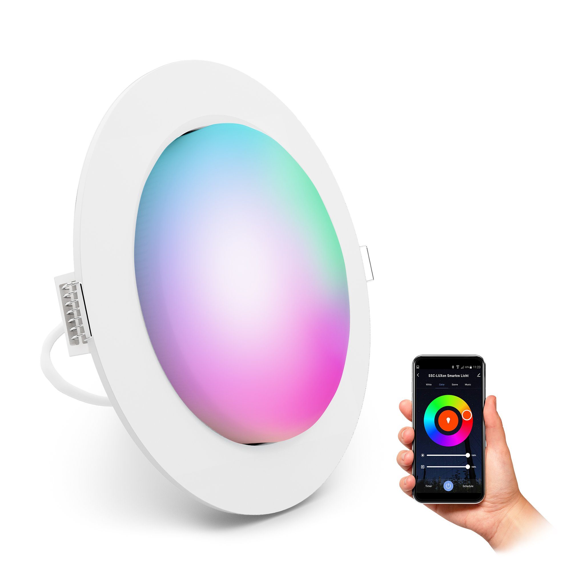 SSC-LUXon LED Einbaustrahler RX-3 flacher Einbaustrahler weiss mit Smart RGB WiFi LED dimmbar 6W, RGB & Weißtöne