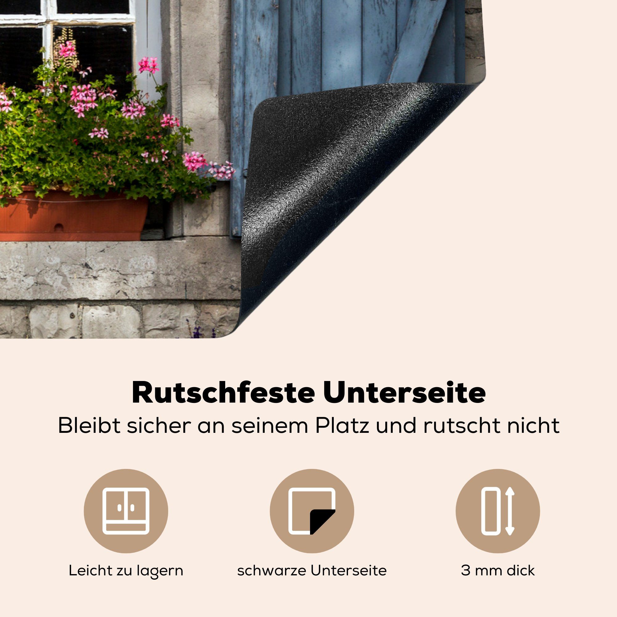 - küche, Herdblende-/Abdeckplatte MuchoWow für Schutz Steine tlg), Induktionskochfeld 81x52 die - Blumen, Fenster Ceranfeldabdeckung cm, Vinyl, (1