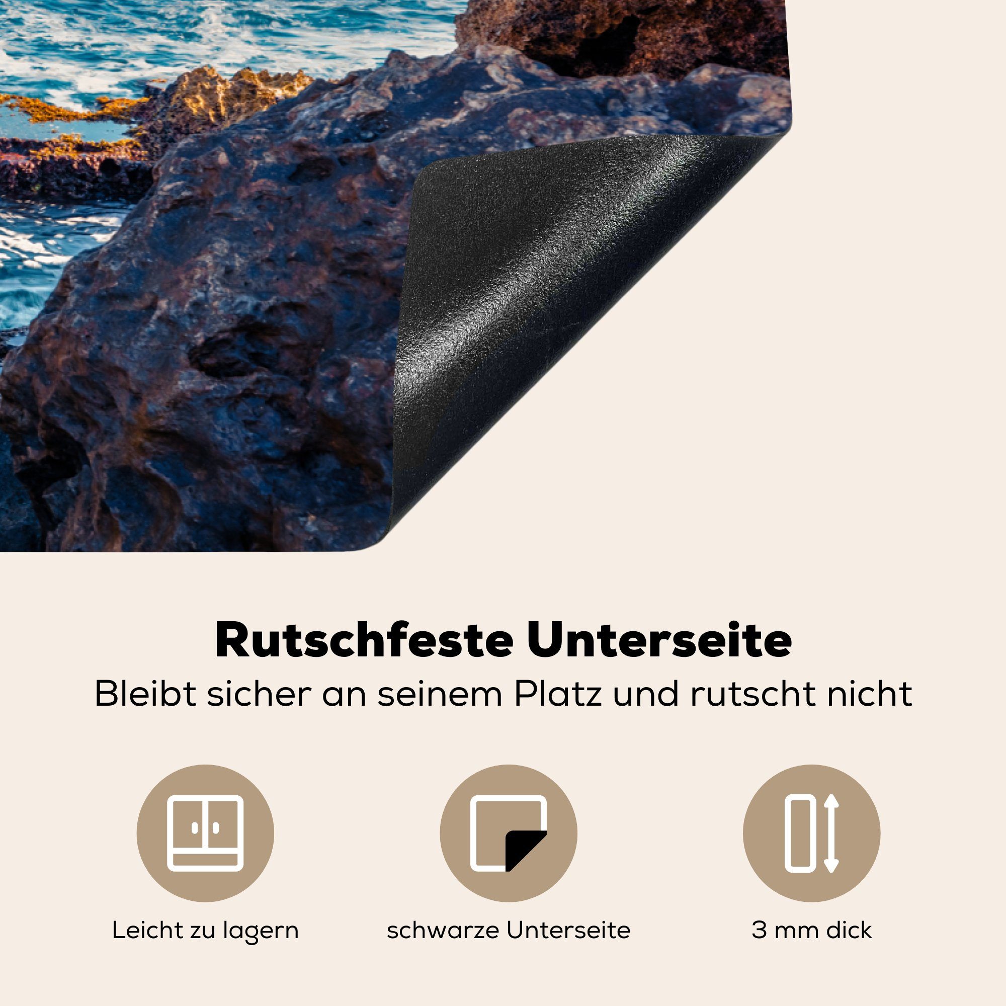 für Vinyl, tlg), Arbeitsplatte Meer Felsen cm, - (1 - MuchoWow Ceranfeldabdeckung, Höhle 81x52 küche Herdblende-/Abdeckplatte - Natur,