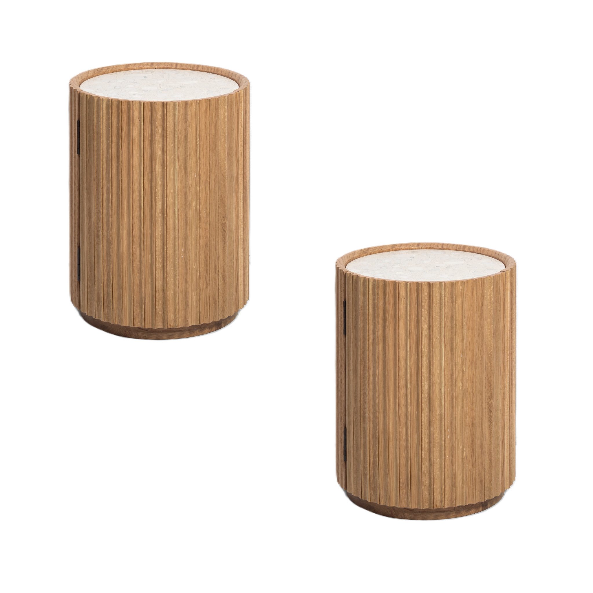 Woodek Design Nachttisch Franz 2er-Set rund, aus massiver Eiche (Durchmesser: 42 cm, Höhe: 55 cm, 2-St., praktischer Stauraum), Beistelltisch mit Steinplatte