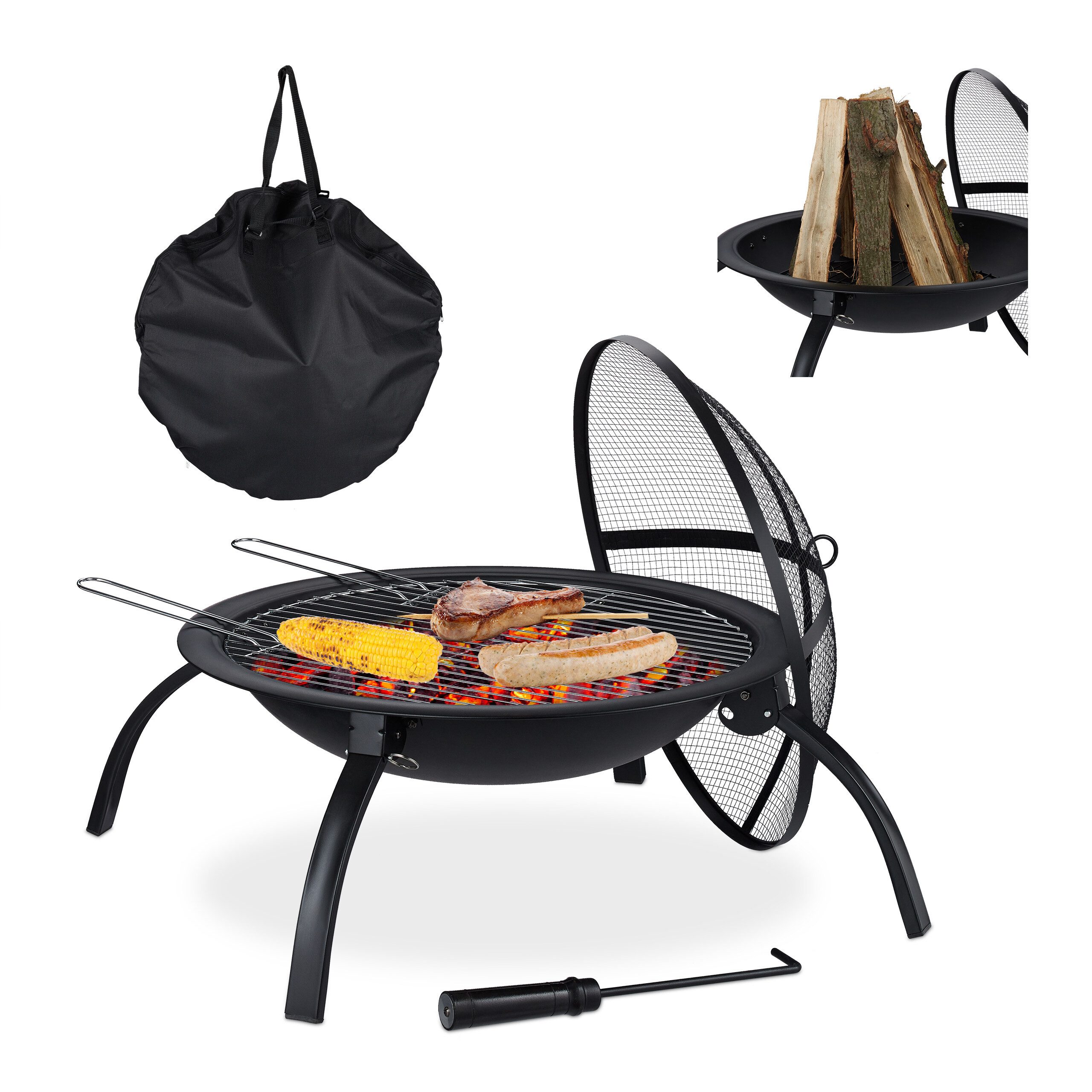 relaxdays Feuerschale XL Feuerschale mit Grillzubehör, (7-St), mit Tragetasche