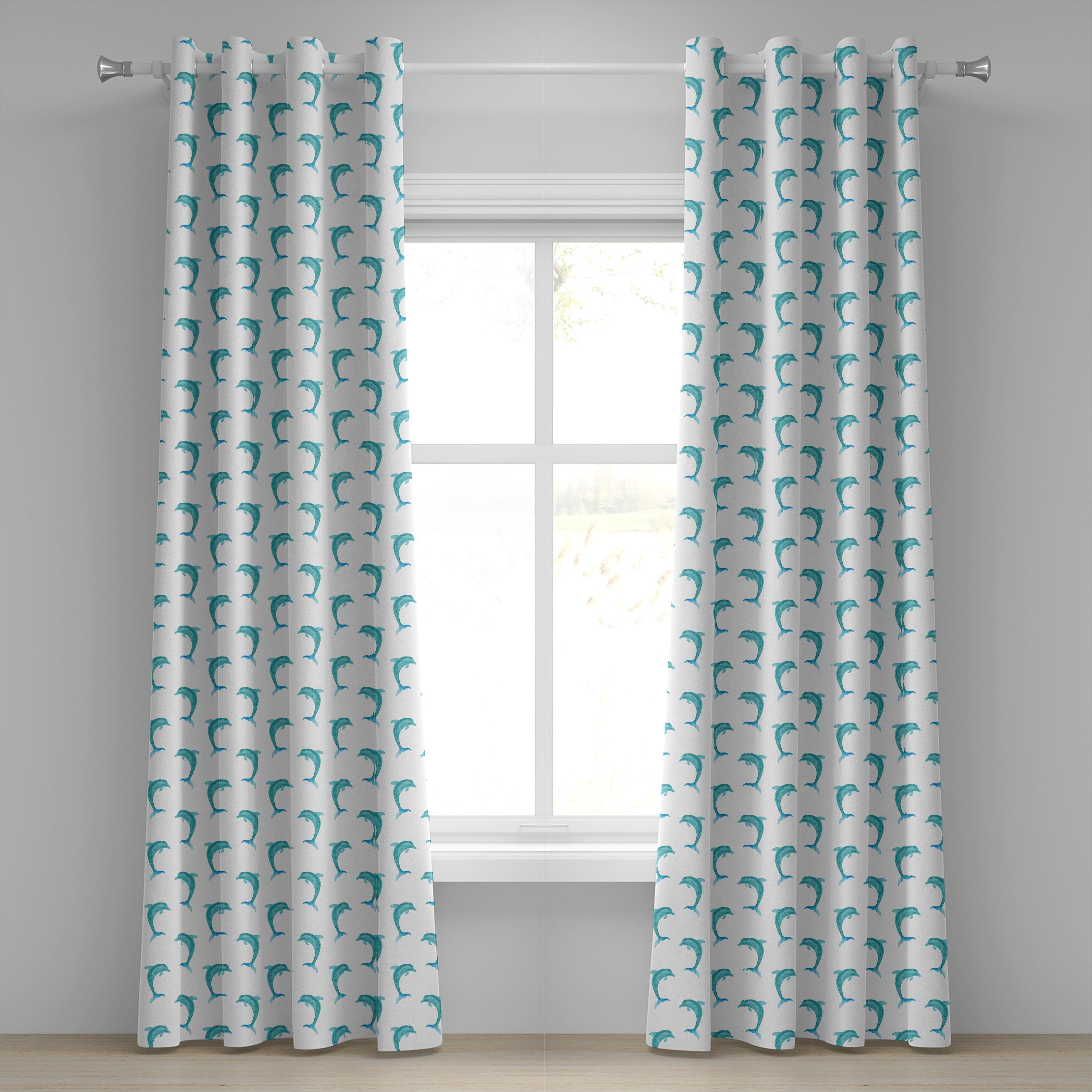 Gardine Dekorative 2-Panel-Fenstervorhänge für Schlafzimmer Säugetiere Abakuhaus, Wohnzimmer, Jumping Wasser Dolphin