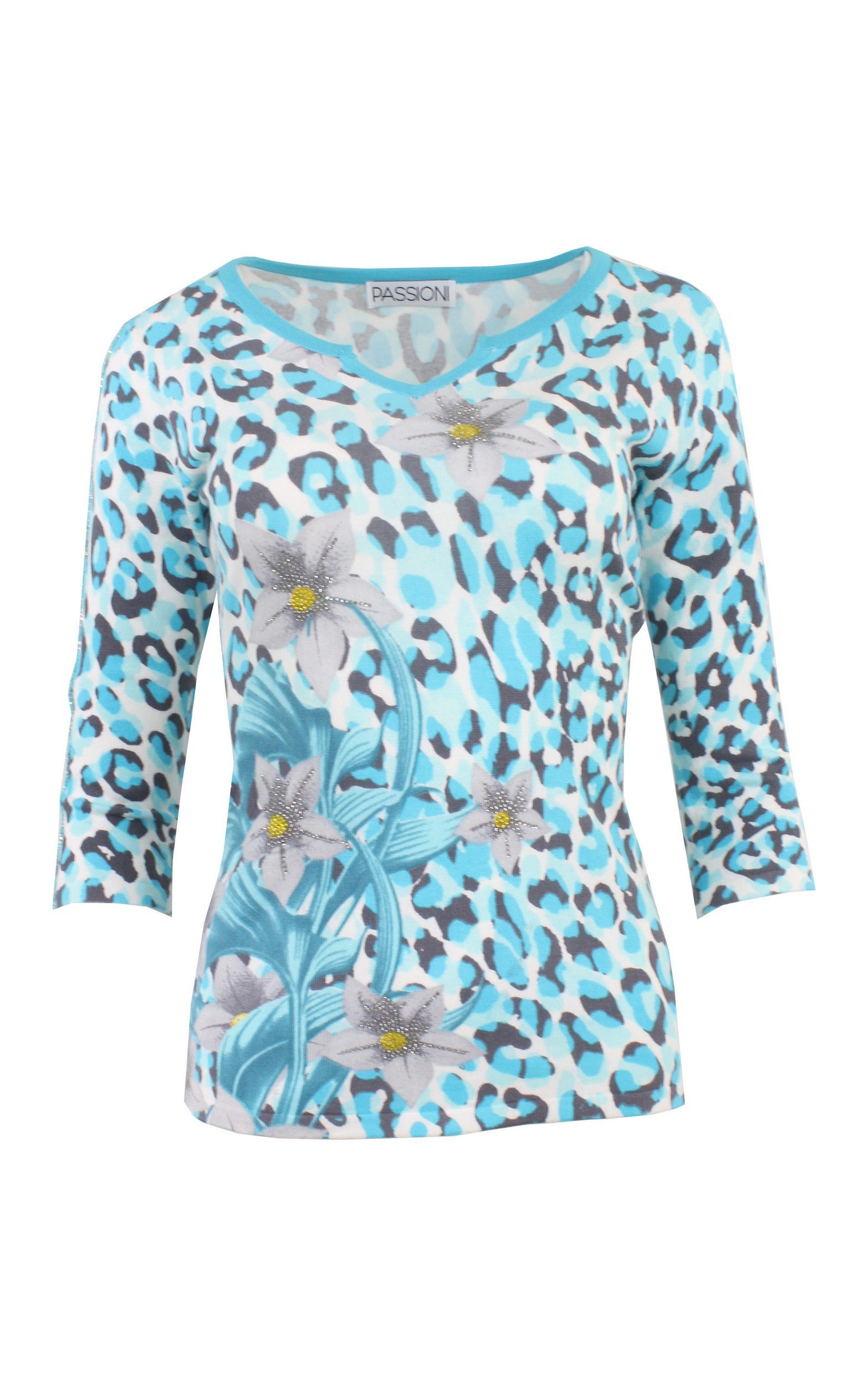 Passioni 3/4 Arm-Pullover Sommerpullover mit Leoprint und Blumen mit Glitze günstig online kaufen