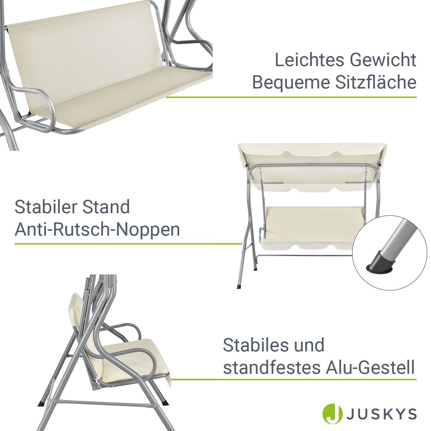 Juskys Hollywoodschaukel Cecina, 3-Sitzer, und Garten | mit und bis Dach Terrasse kg, Beige 200 Sitzauflage, Beige für