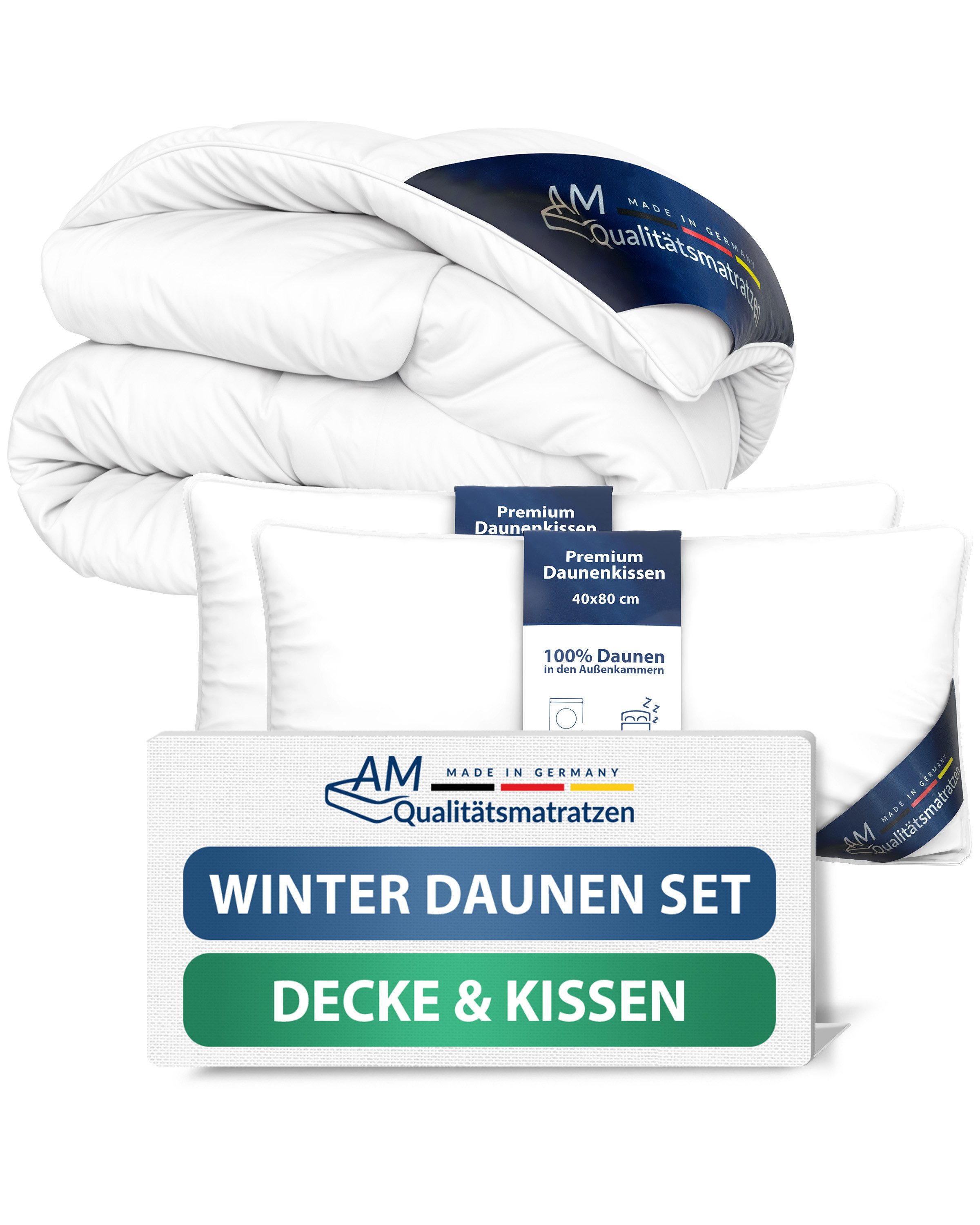 DormiGood Daunenbettdecke + Daunenkissen Set, Premium Bettdecke + 3 Kammer Kopfkissen, Warm für den Winter, 220x240cm, Winter
