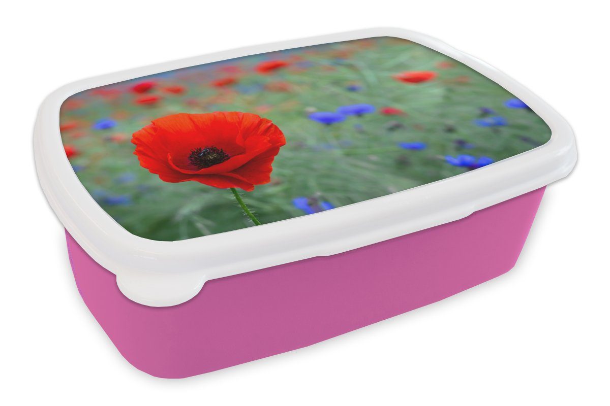 MuchoWow Lunchbox Lila und rote Mohnblumen auf einer Wiese, Kunststoff, (2-tlg), Brotbox für Erwachsene, Brotdose Kinder, Snackbox, Mädchen, Kunststoff rosa