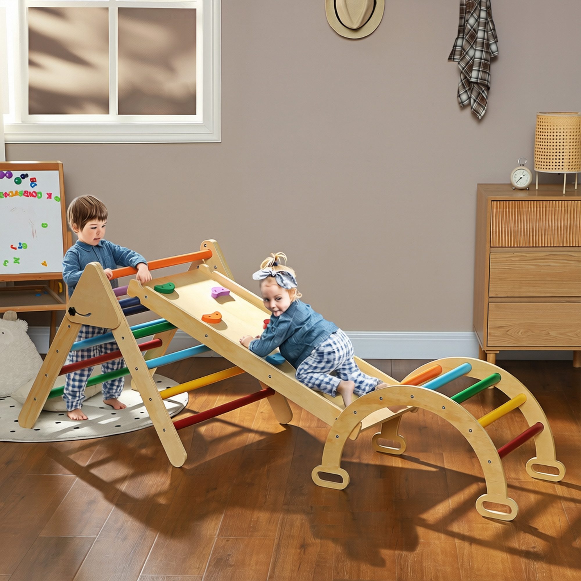 AIYAPLAY Klettergerüst 5-in-1 Montessori Holz mit Kletterbogen, Rutsche Spielplatz, (Kletterspielzeug, 3-St., Kletterdreieck zum Rutschen und Klettern), für Kinder 1,5-4 Jahre, Indoor, Mehrfarbig