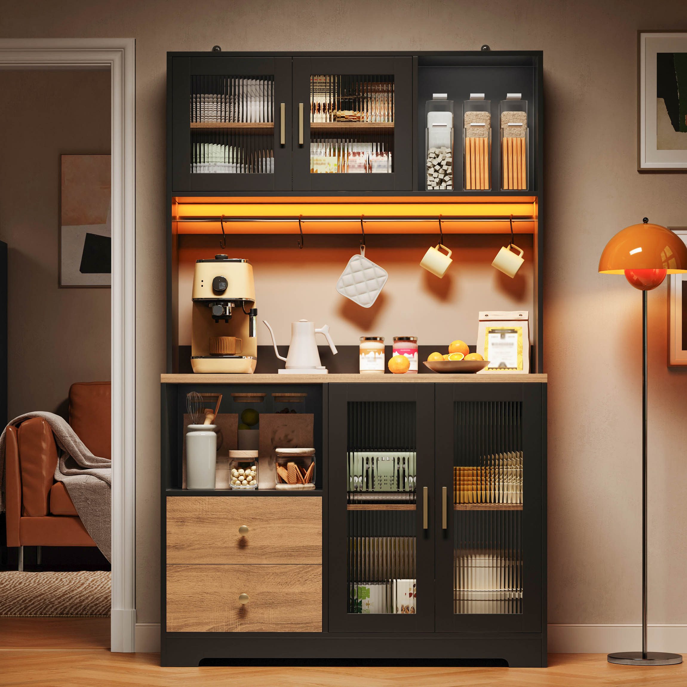 Flieks Küchenbuffet Hochschrank mit Arbeitsplatte in Holzoptik, Steckdose, LED-Beleuchtung (B110/T40/H178 cm, 1-St., Multifunktionsschrank mit Haken, Ladenfunkt – Bild 3 von 5