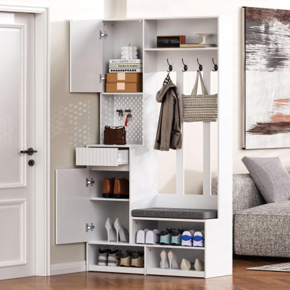 BBWL Garderobenschrank Garderobenset mit Sitzbank und Stauraum – Flurgarderobe mit 4 Haken Türen, Schubladen & Lochwand, MDF, 100x180x35 cm – Bild 5 von 5