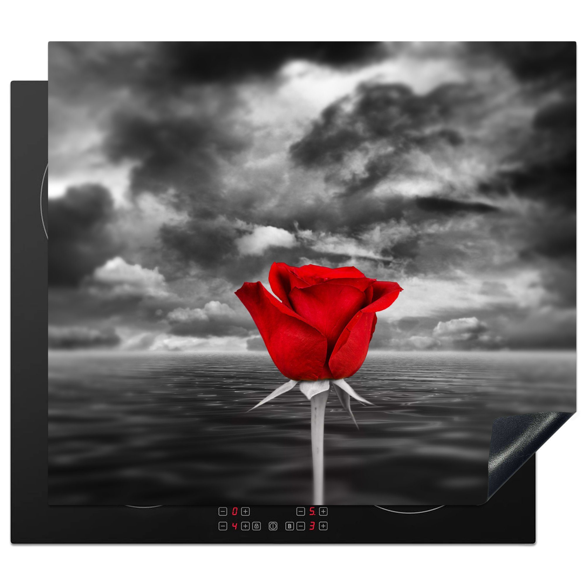 MuchoWow Herdblende-/Abdeckplatte Schwarz-Weiß-Fotografie einer roten Rose vor einem Meer und einem, Vinyl, (1 tlg), 60x52 cm, Mobile Arbeitsfläche nutzbar, Ceranfeldabdeckung