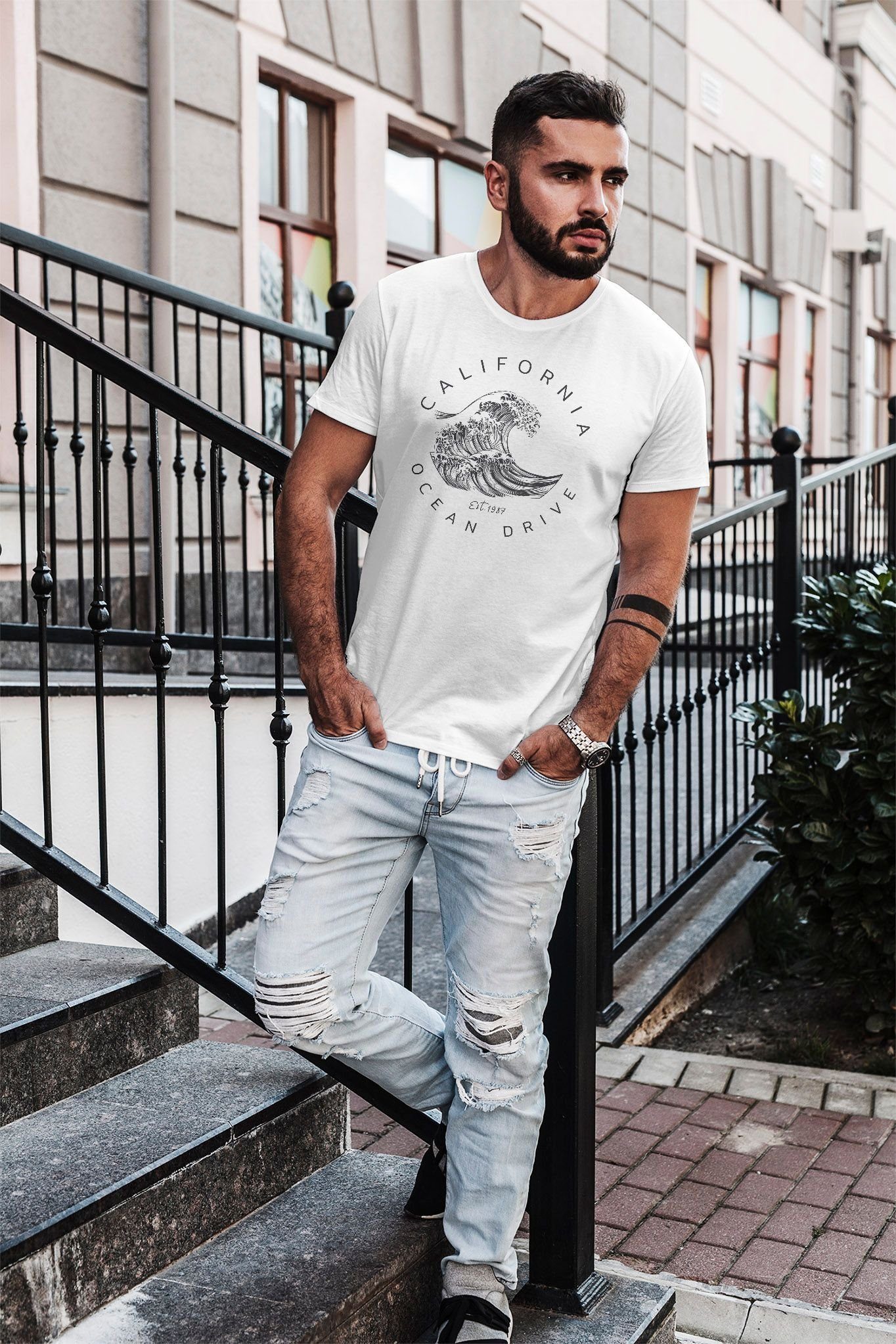 Neverless Print-Shirt Herren T-Shirt Welle Wave California Ocean Drive Surf Summer Slim Fit mit Print