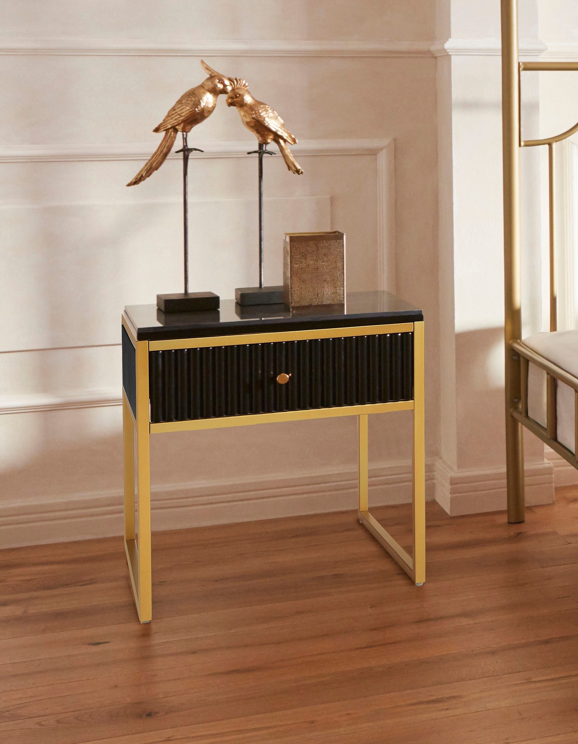 Leonique Beistelltisch Fleuriss, Keramikplatte, goldene Beine, FSC-zertifiziertes Holz, Breite 50 cm