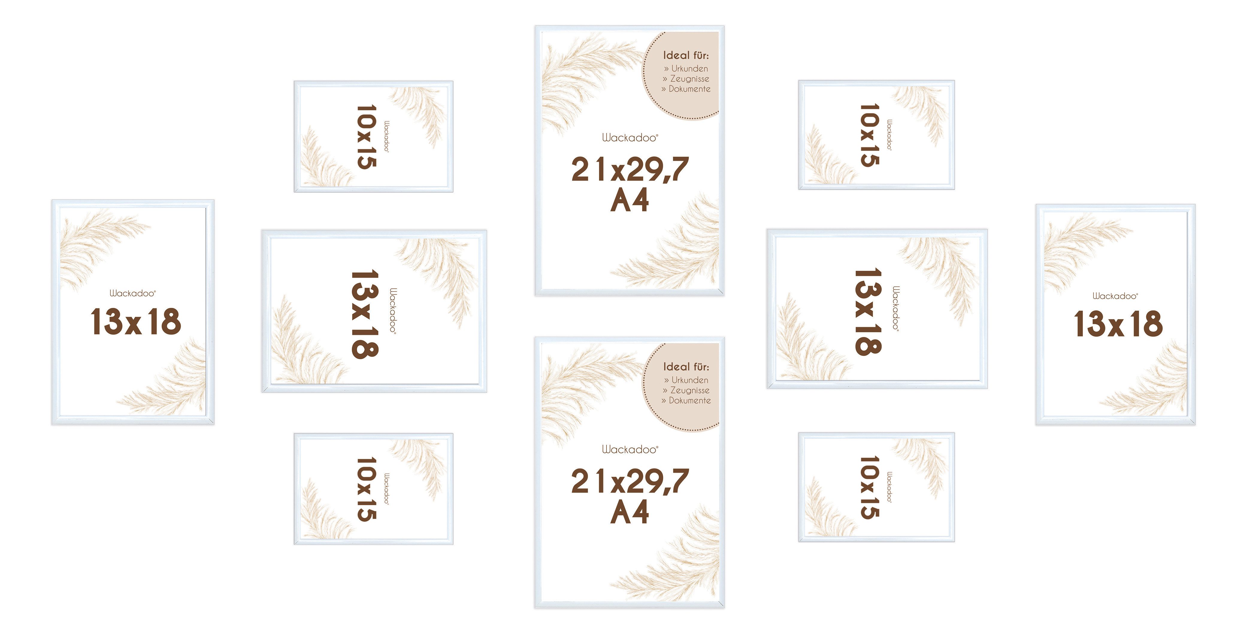 Wackadoo Living Bilderrahmen-Set mit Glasscheibe Posterrahmen Fotorahmen Fotowand, für 10 Bilder (10er-Set), 4x 10x15 cm, 4x 13x18 cm, 2x 21x29,7 cm (DIN A4), Wandcollage in verschiedenen Größen