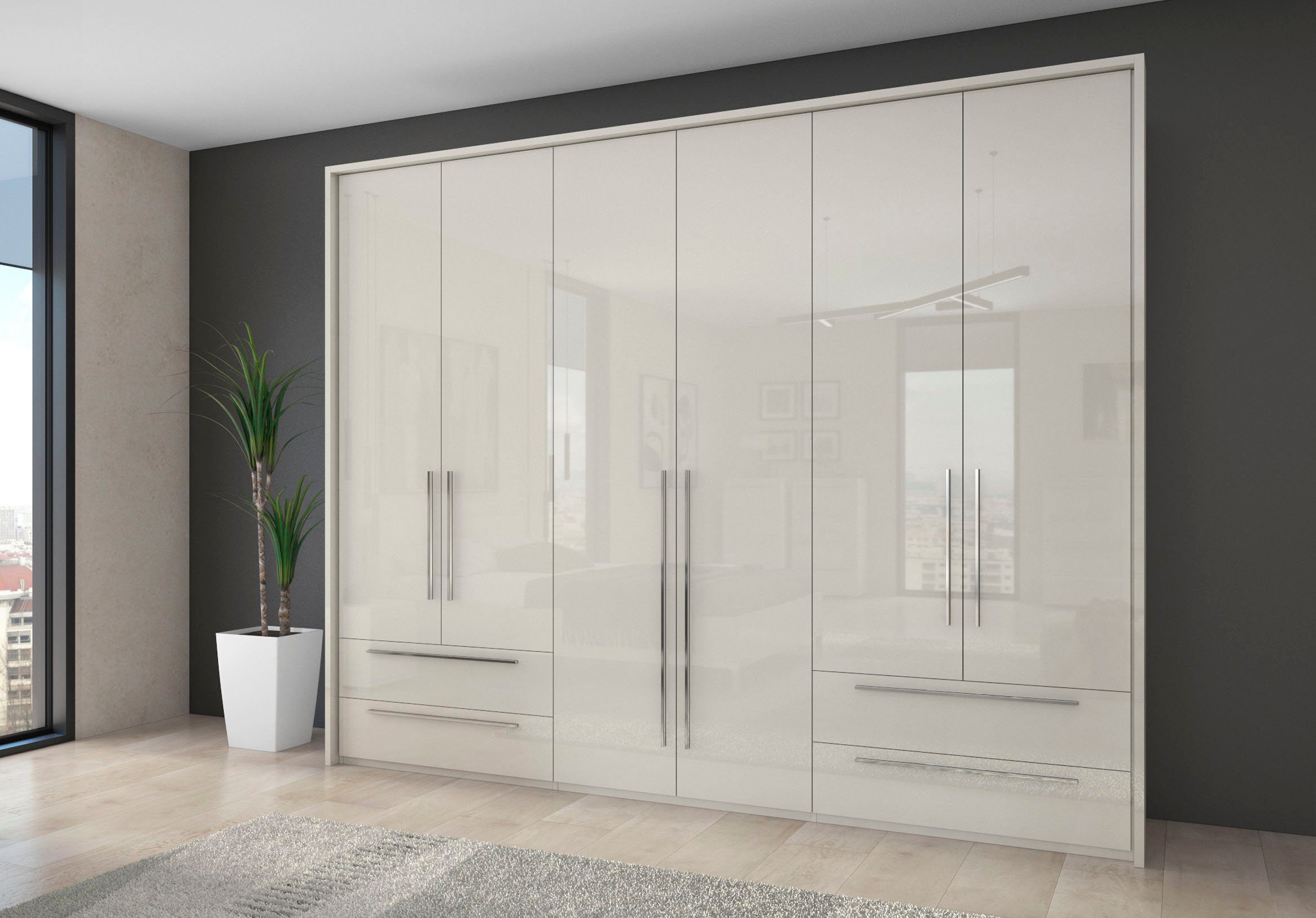 Places of Style Kleiderschrank Piano Schlafzimmerschrank Premium Qualität mit LED beige, UV lackiert, hochglänzend, in 2 Breiten mit 4 Schubladen