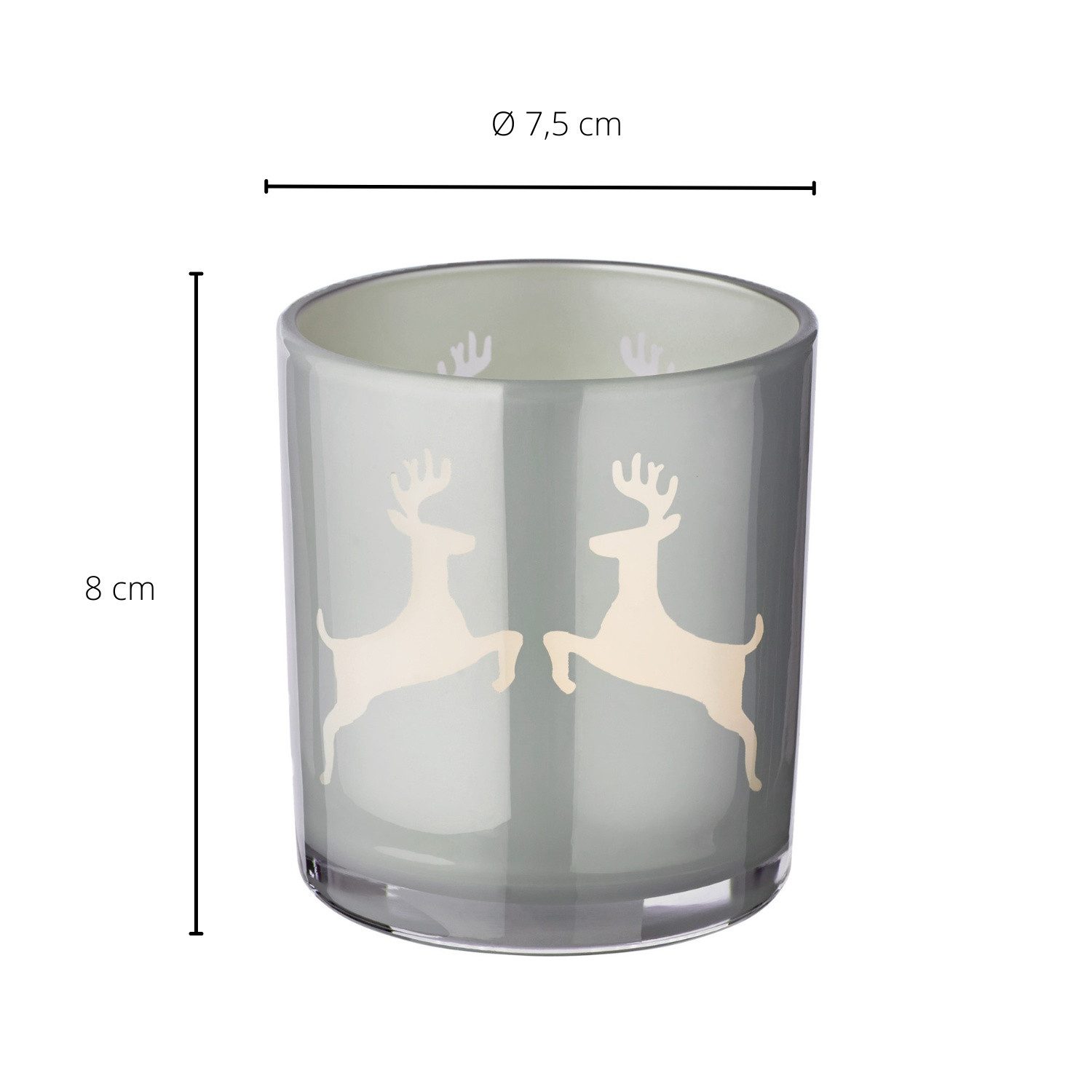 EDZARD Windlicht Loki, 2er-Set, Glas, Hirsch-Motiv, grau, H 8 cm, Ø 7 cm