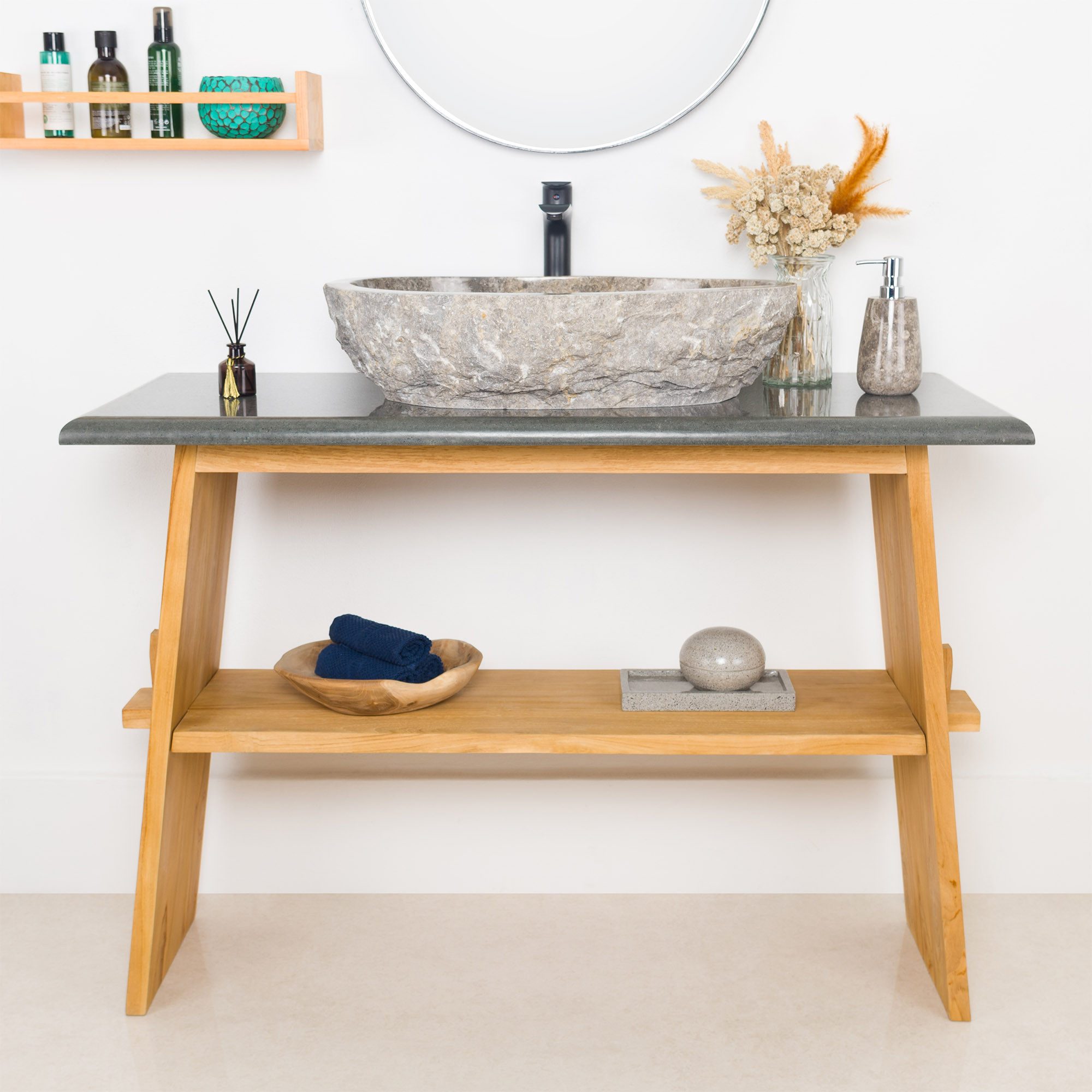 wohnfreuden Waschbeckenunterschrank Teakholz Waschtisch ZEN 120 cm mit Naturstein Platte extra hoch