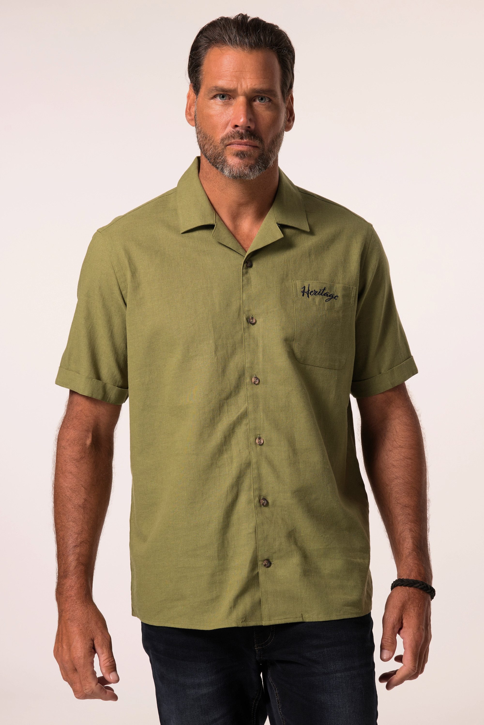 Kurzarmhemd Hemd Halbarm Leinenmix Stick Cuba-Kragen Cuba Fit