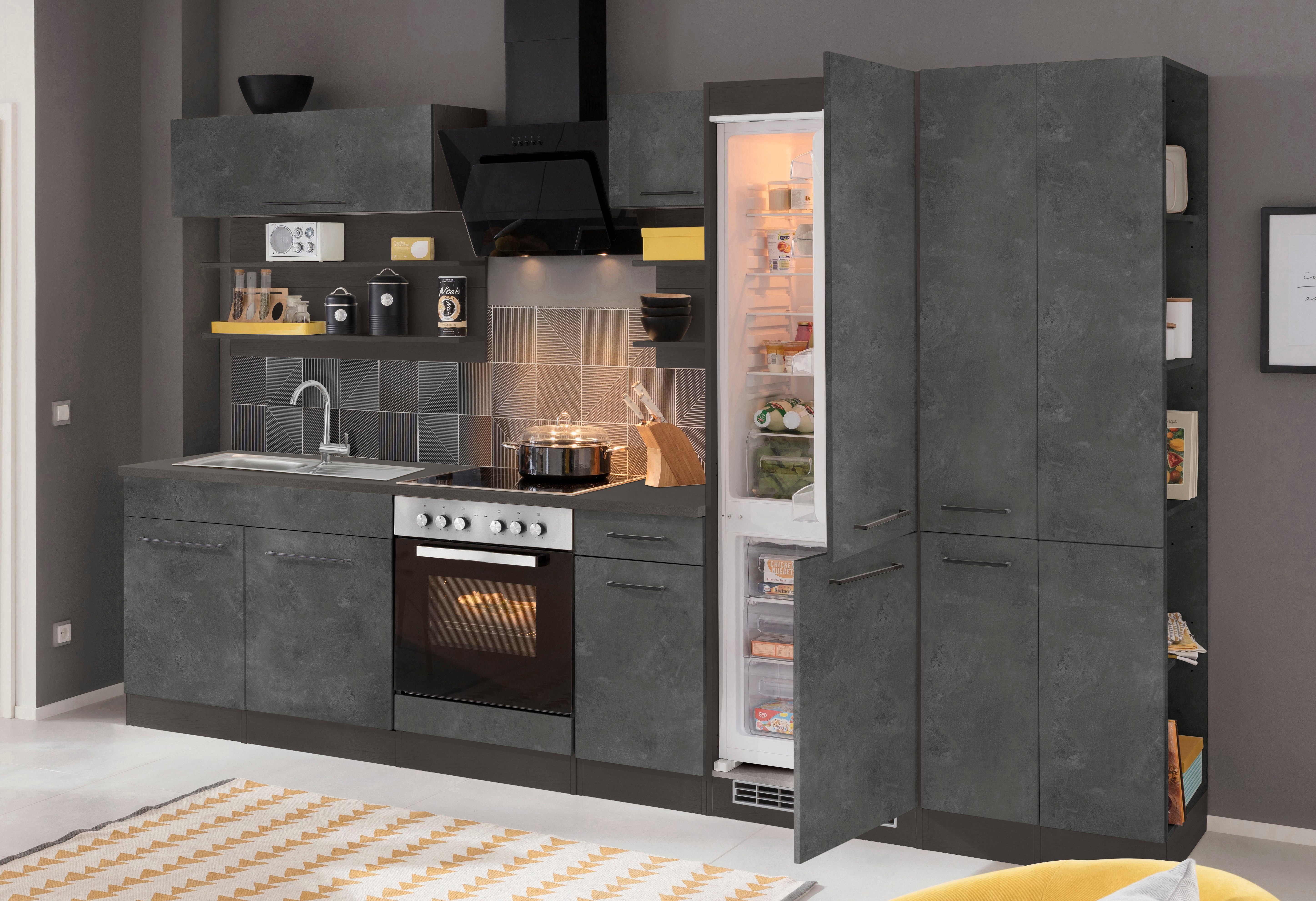 KOCHSTATION Küchenzeile KS-Tulsa, mit E-Geräten, Breite 300 cm, schwarze Metallgriffe, MDF Fronten