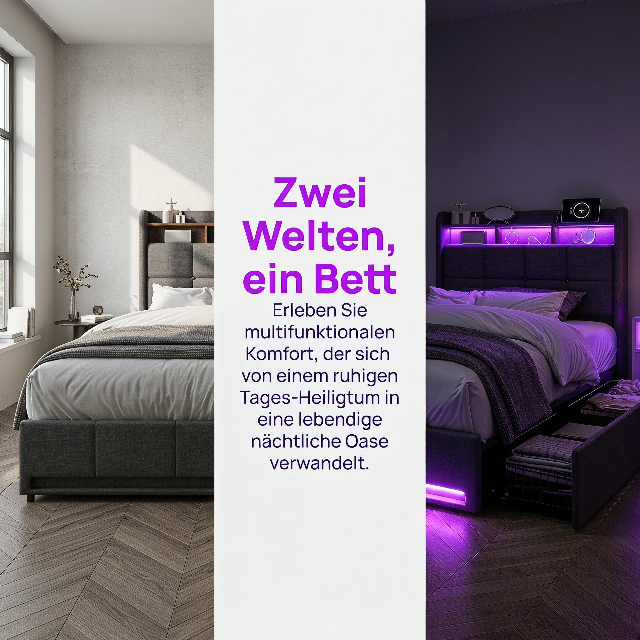 PXloue Polsterbett LED Doppelbett Stauraumbett, mit USB-Laden und Stauraum am Kopfteil,Leinen,90x200 cm – Bild 4 von 5