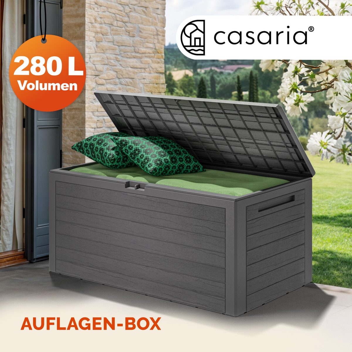 Casaria Auflagenbox Woody (1 St), 280L UV-beständig Griffmulden Verschließbar Balkon Holz-Optik Grau