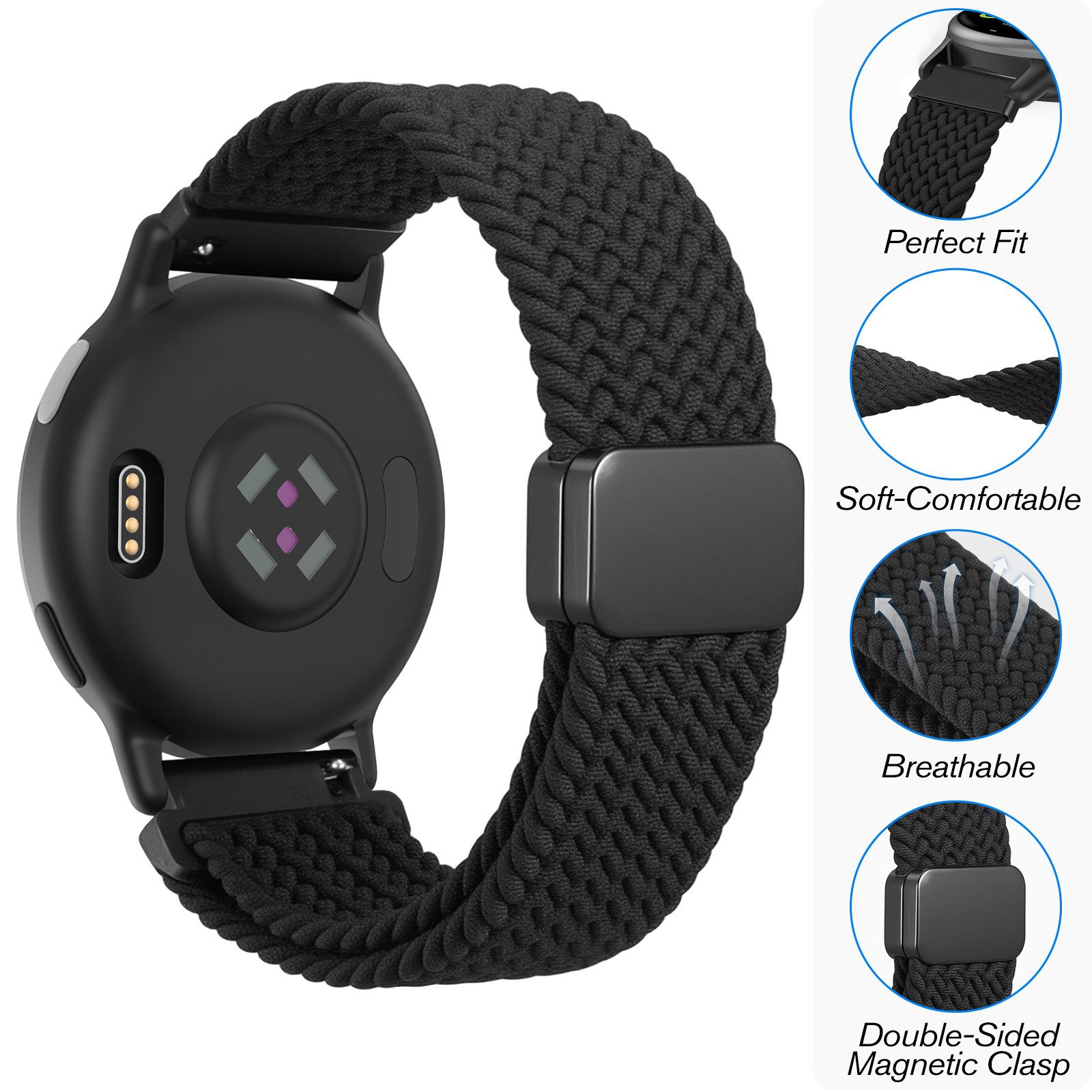 Fintie Smartwatch-Armband für Garmin Vivoactive 6/5/3, Garmin Venu/Venu 2 Plus/Venu Sq/Sq 2, Forerunner 165/245/55, Geflochten Nylon Elastisch Magnetverschluss