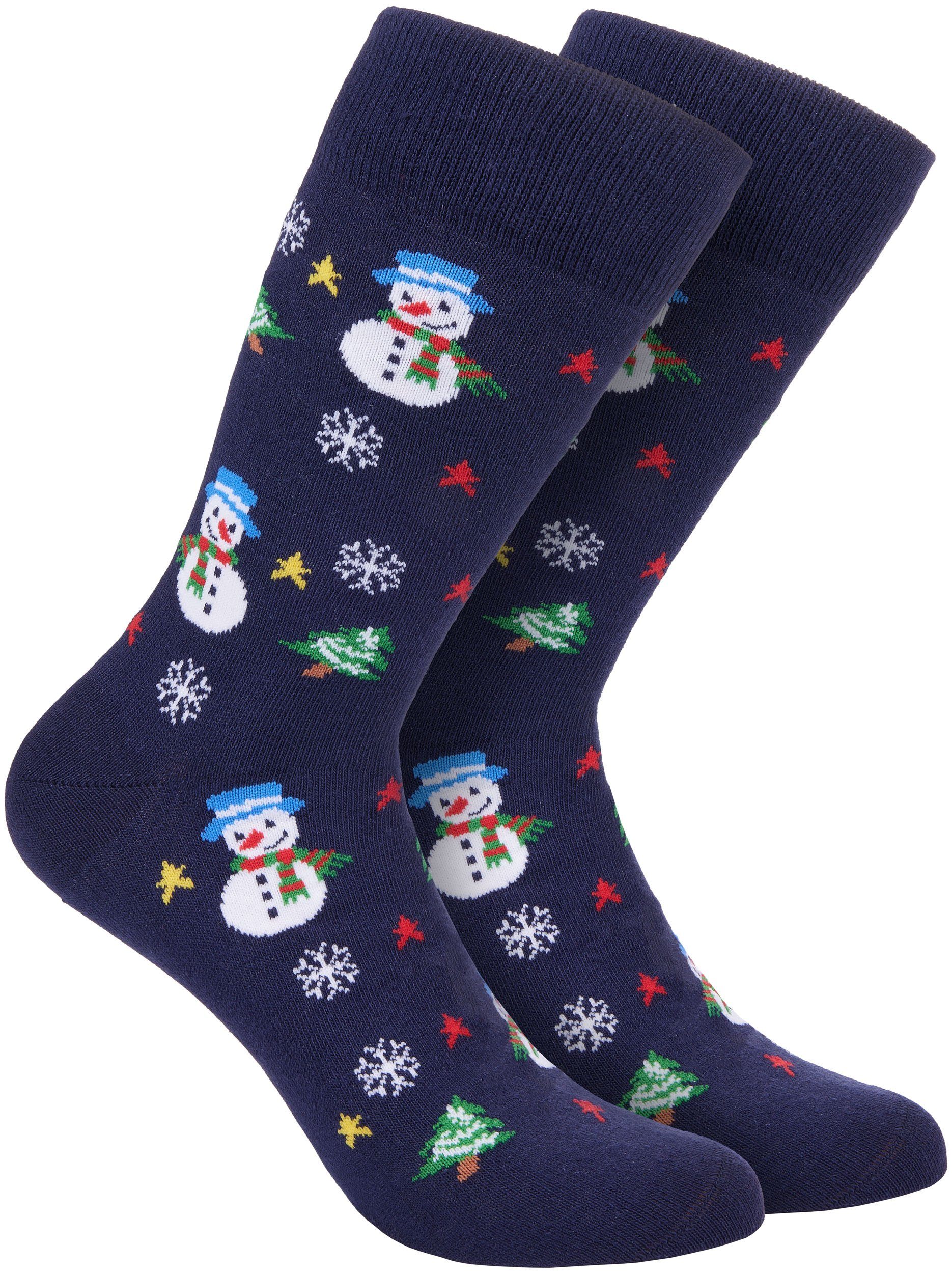 BRUBAKER Socken 3 Paar Weihnachtssocken - Lustige Socken für Damen und Herren (mit Weihnachtsmotiven - Schneemann, Rentier und Pinguine, 3-Paar, Baumwollsocken) - Blau, Beige und Grau - Geschenk Weihnachten