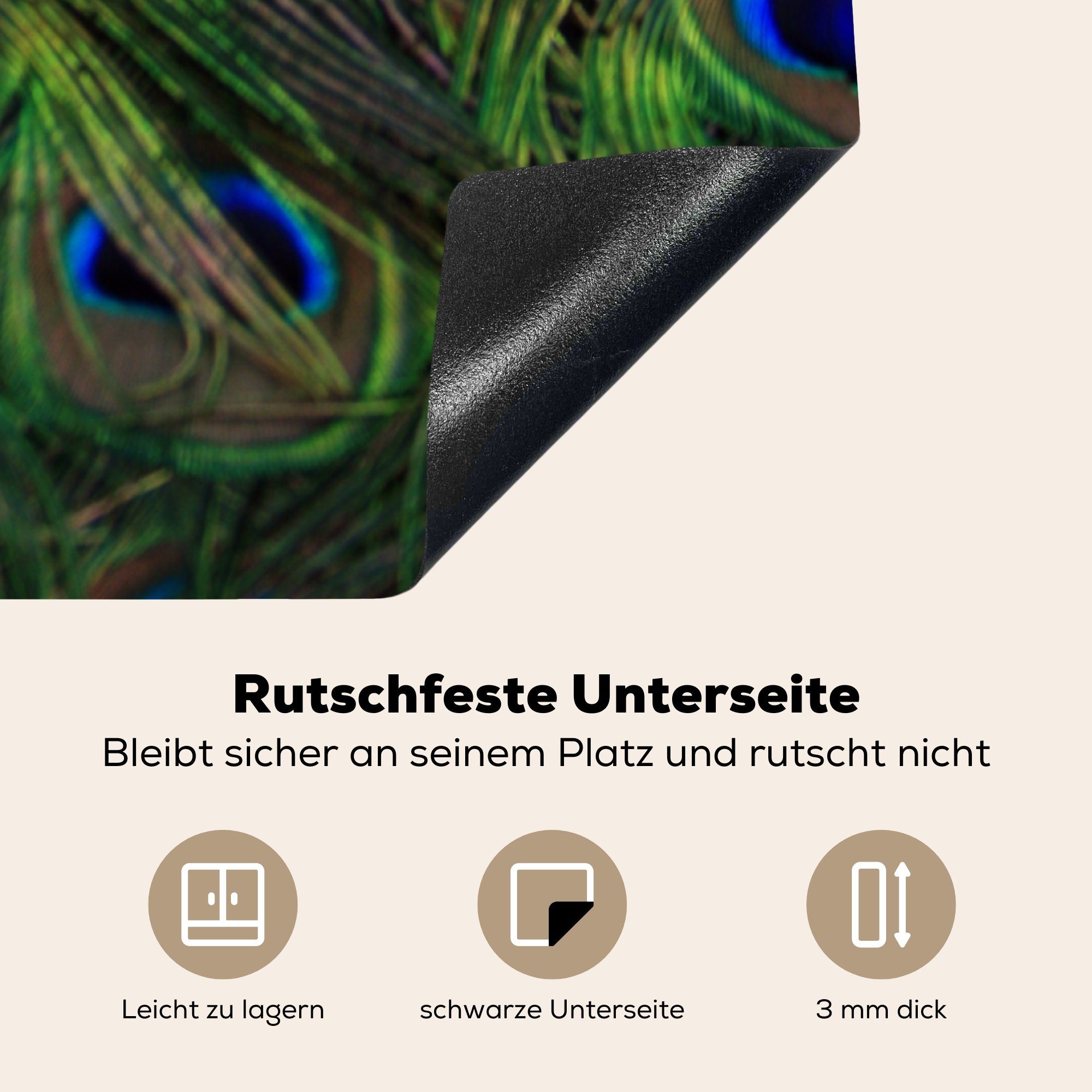 für Federn Herdblende-/Abdeckplatte tlg), cm, MuchoWow (1 küche Ceranfeldabdeckung, Arbeitsplatte Pfau Blau, Vinyl, - Augen 78x78 - -